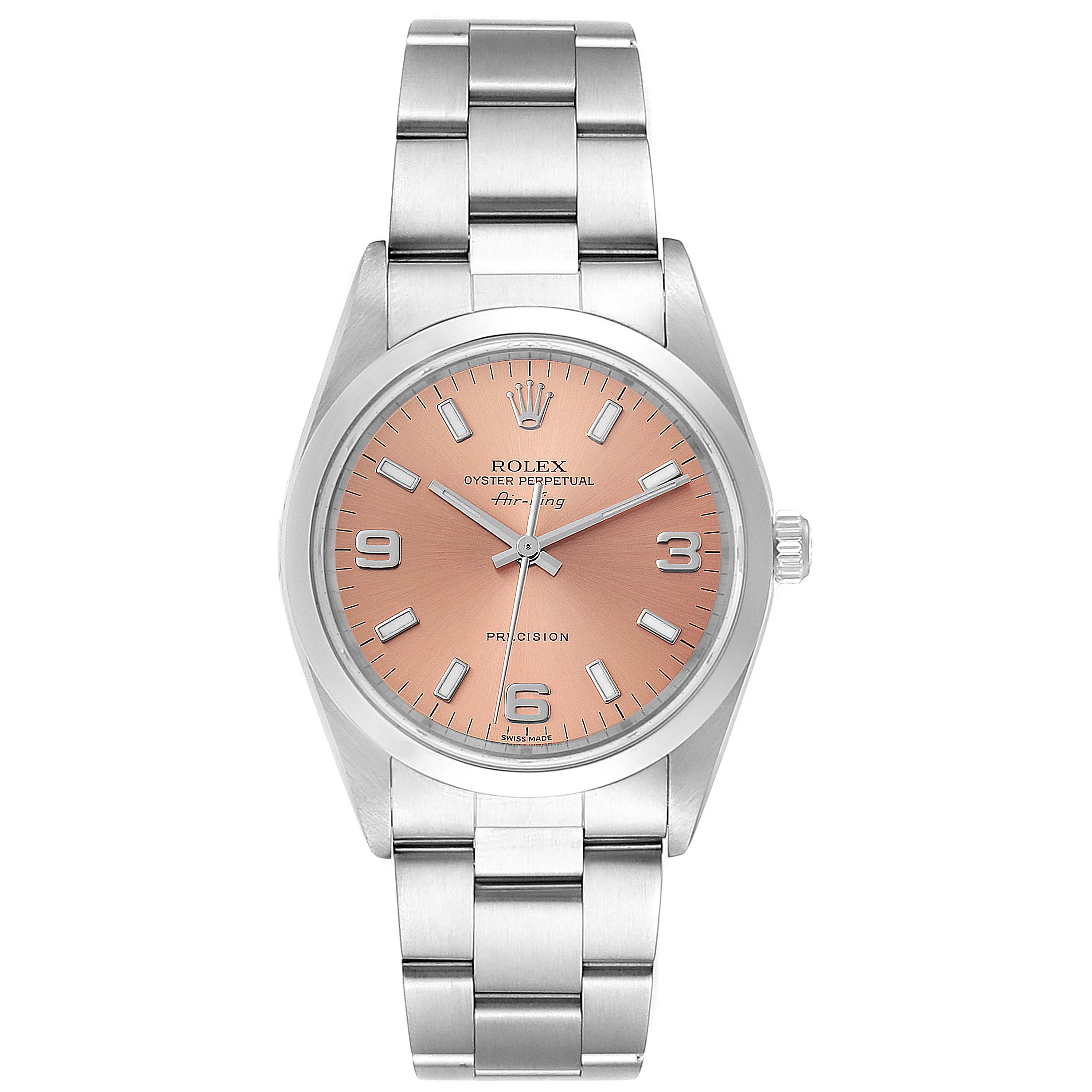 The image shows a front view of a Rolex Air-King 14000 Men's Stainless Steel Pink Dial 14000 Men's Stainless Steel Pink Dial watch, highlighting the dial, case, crown, and bracelet.