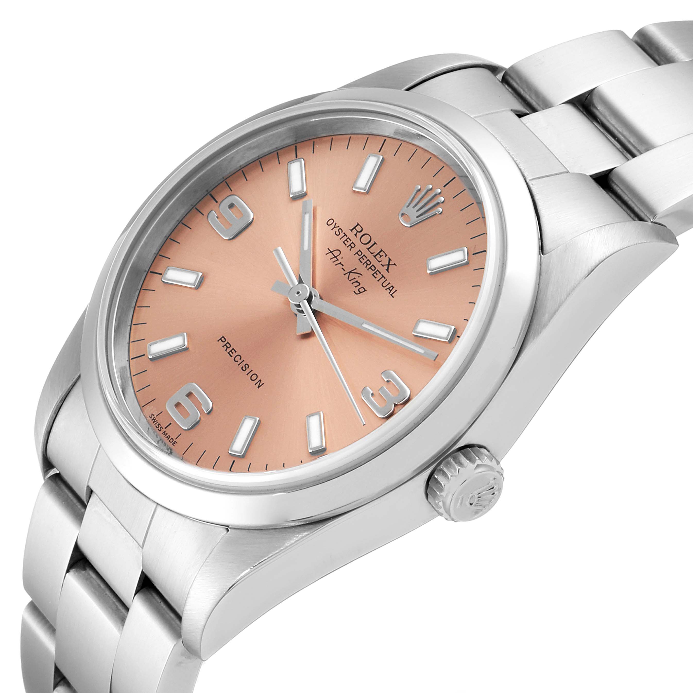 This image shows the Rolex Air-King 14000 Men's Stainless Steel Pink Dial 14000 Men's Stainless Steel Pink Dial watch at an angle displaying the face, crown, and bracelet.