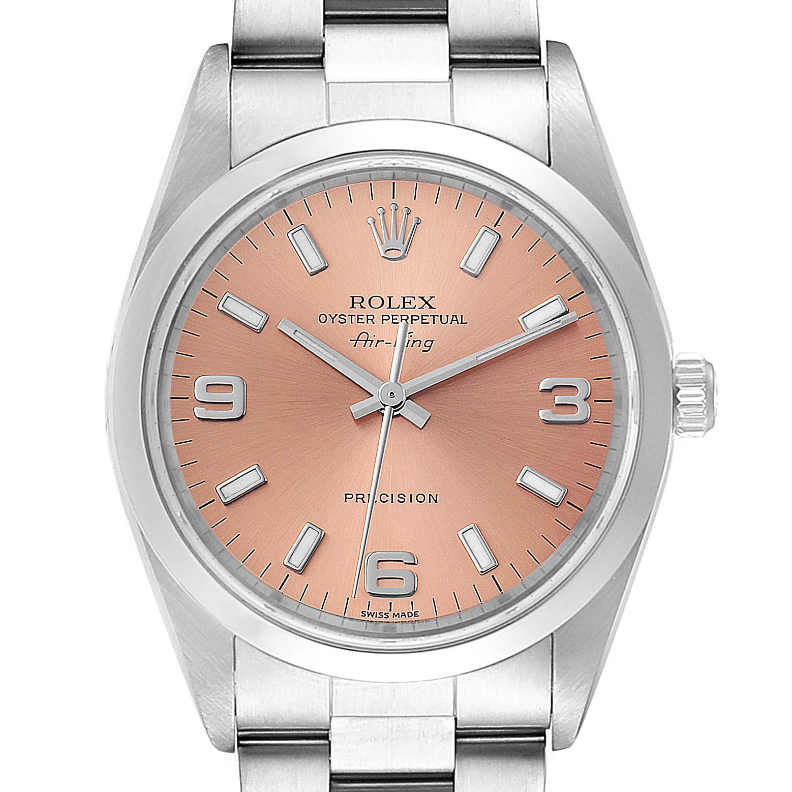 The Rolex Air-King 14000 Men's Stainless Steel Pink Dial 14000 Men's Stainless Steel Pink Dial watch is shown from a straight-on angle, featuring its dial, bezel, crown, and part of the bracelet.