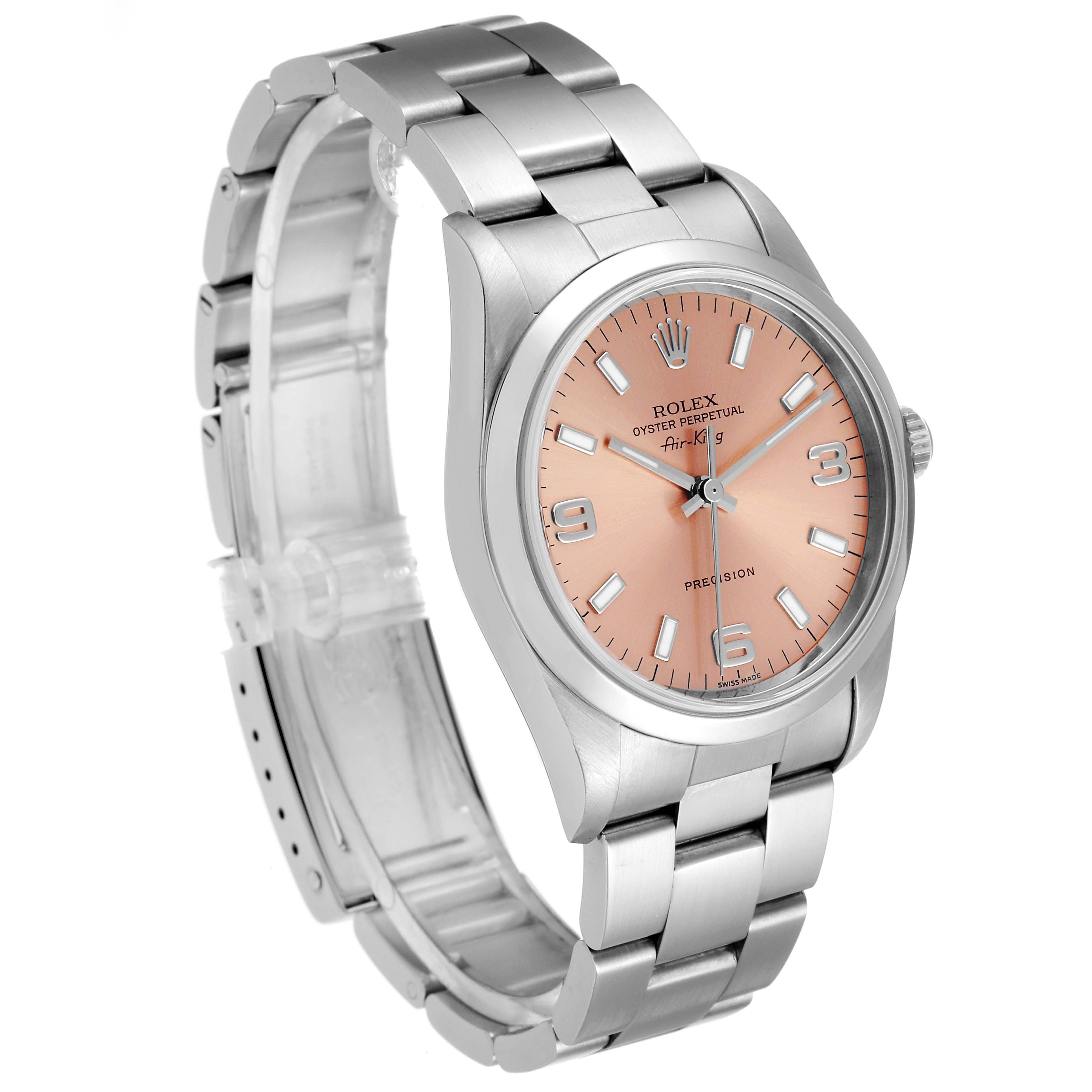 The image shows the Rolex Air-King 14000 Men's Stainless Steel Pink Dial 14000 Men's Stainless Steel Pink Dial watch from an angled side view, featuring the watch face, bezel, and stainless steel bracelet.
