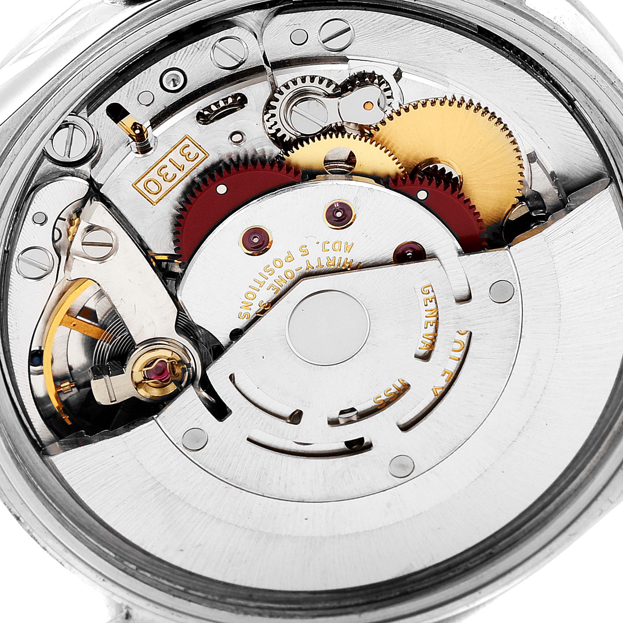 The image shows the internal mechanism of the Rolex Air-King 14000 Men's Stainless Steel Pink Dial 14000 Men's Stainless Steel Pink Dial watch, focusing on its gears, rotor, and movement components.