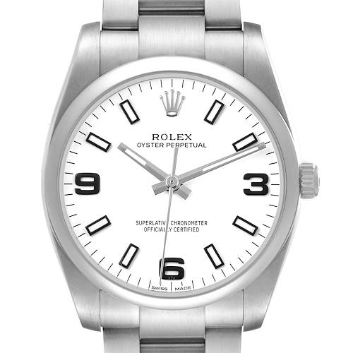 The Rolex Air-King 114200 Men's Stainless Steel White Dial watch is shown from the front, displaying the dial, hands, crown, and part of the bracelet.