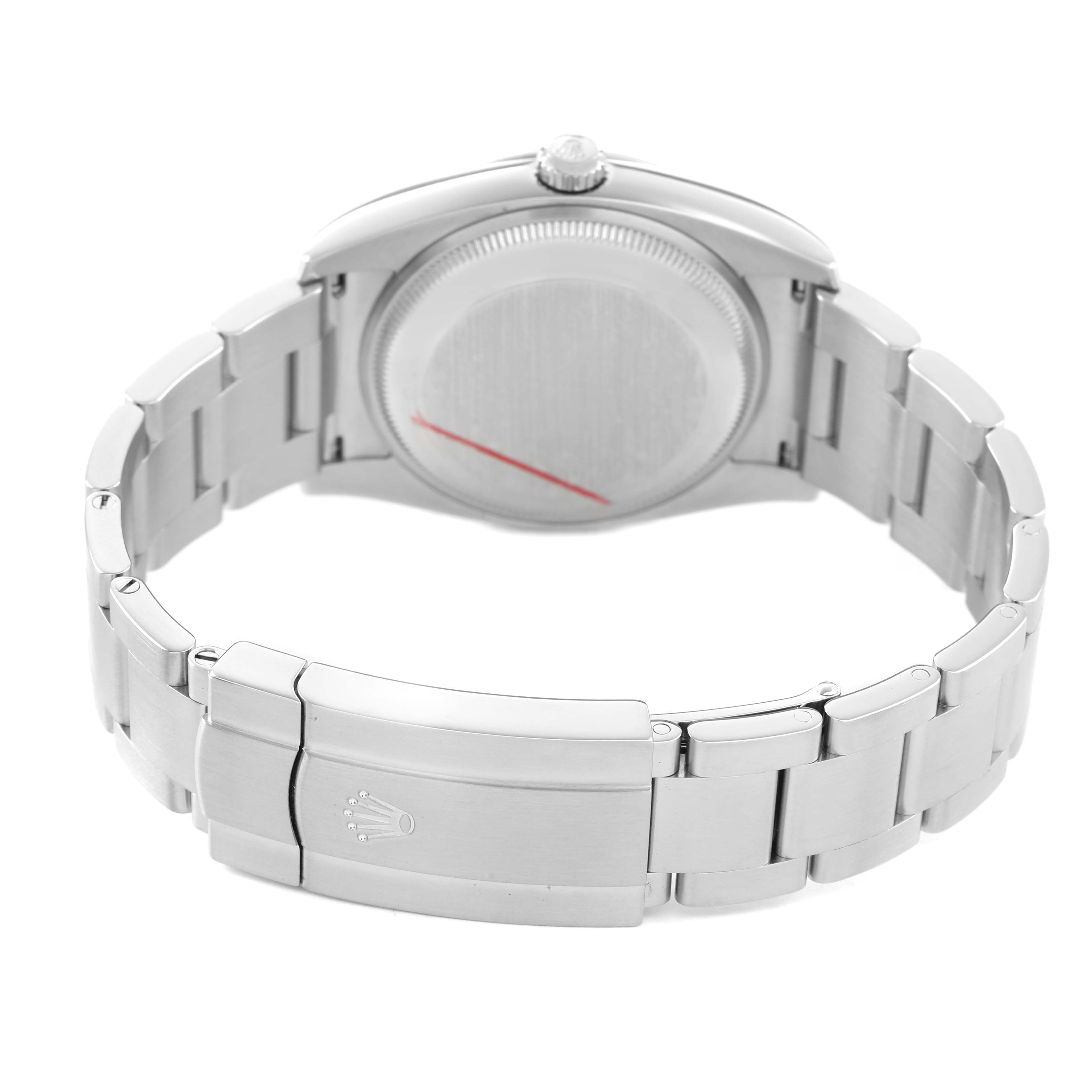 The Rolex Air-King 114200 Men's Stainless Steel White Dial is shown from the back, highlighting the case back and bracelet clasp.