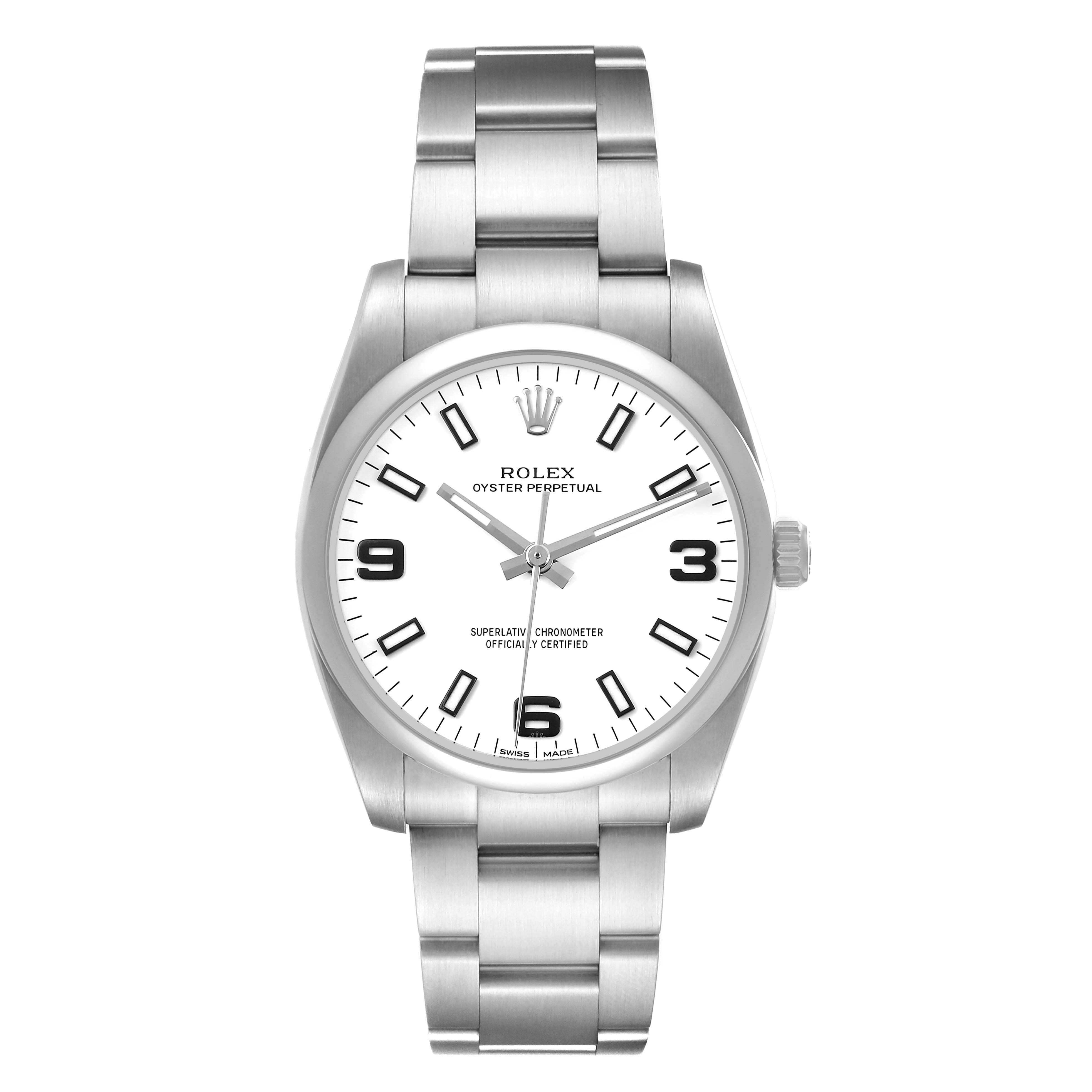The Rolex Air-King 114200 Men's Stainless Steel White Dial watch is shown from a top-down angle, displaying its face, bezel, and full bracelet.