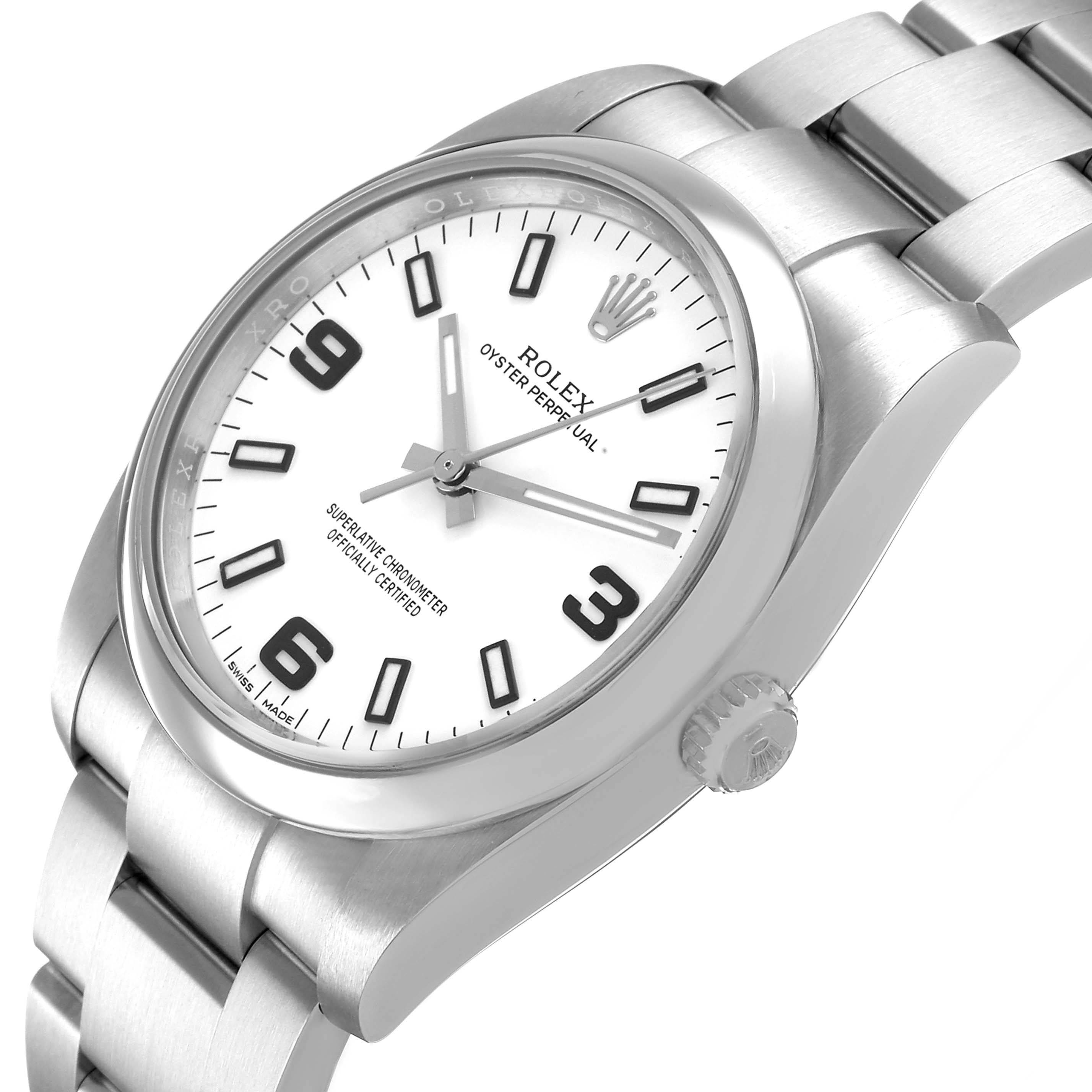 The Rolex Air-King 114200 Men's Stainless Steel White Dial watch is shown at a tilted angle, highlighting the dial, crown, and part of the bracelet.