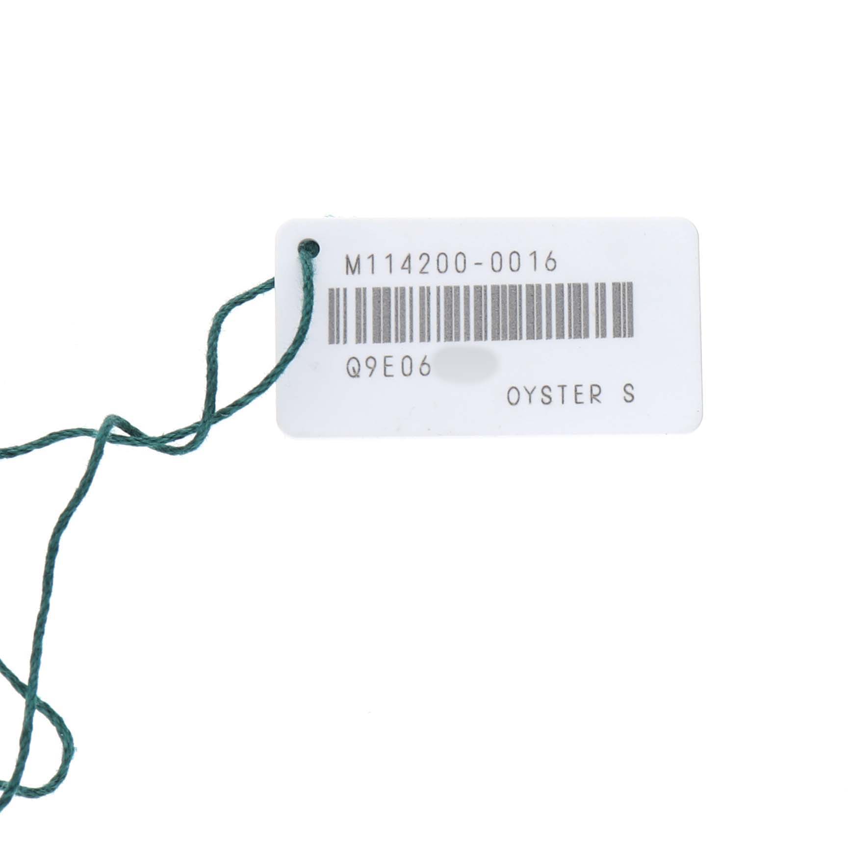 The image shows a tag with model information and barcode for a Rolex Air-King 114200 Men's Stainless Steel White Dial.