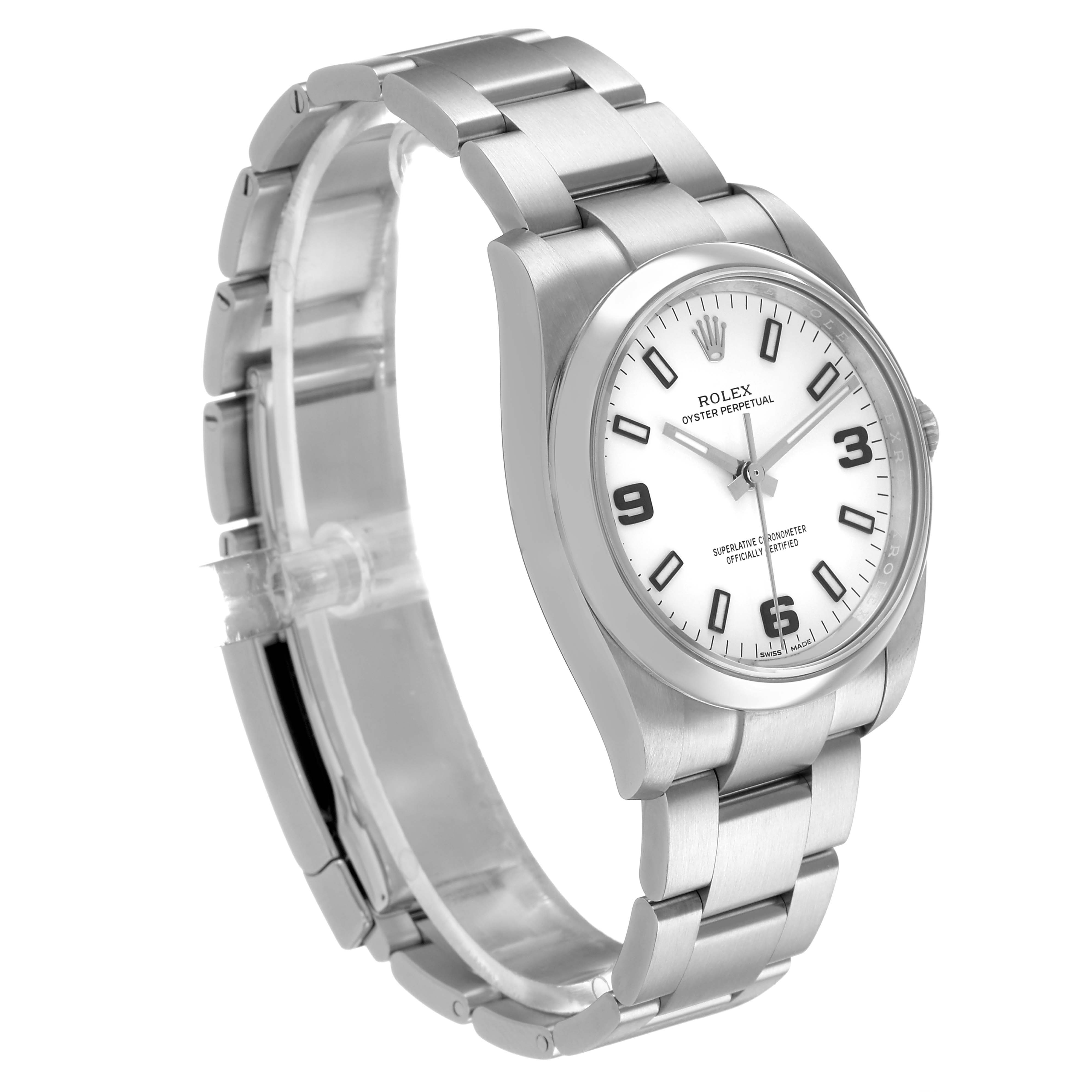 The Rolex Air-King 114200 Men's Stainless Steel White Dial watch is shown at a three-quarter angle, displaying the bracelet, dial, and crown.