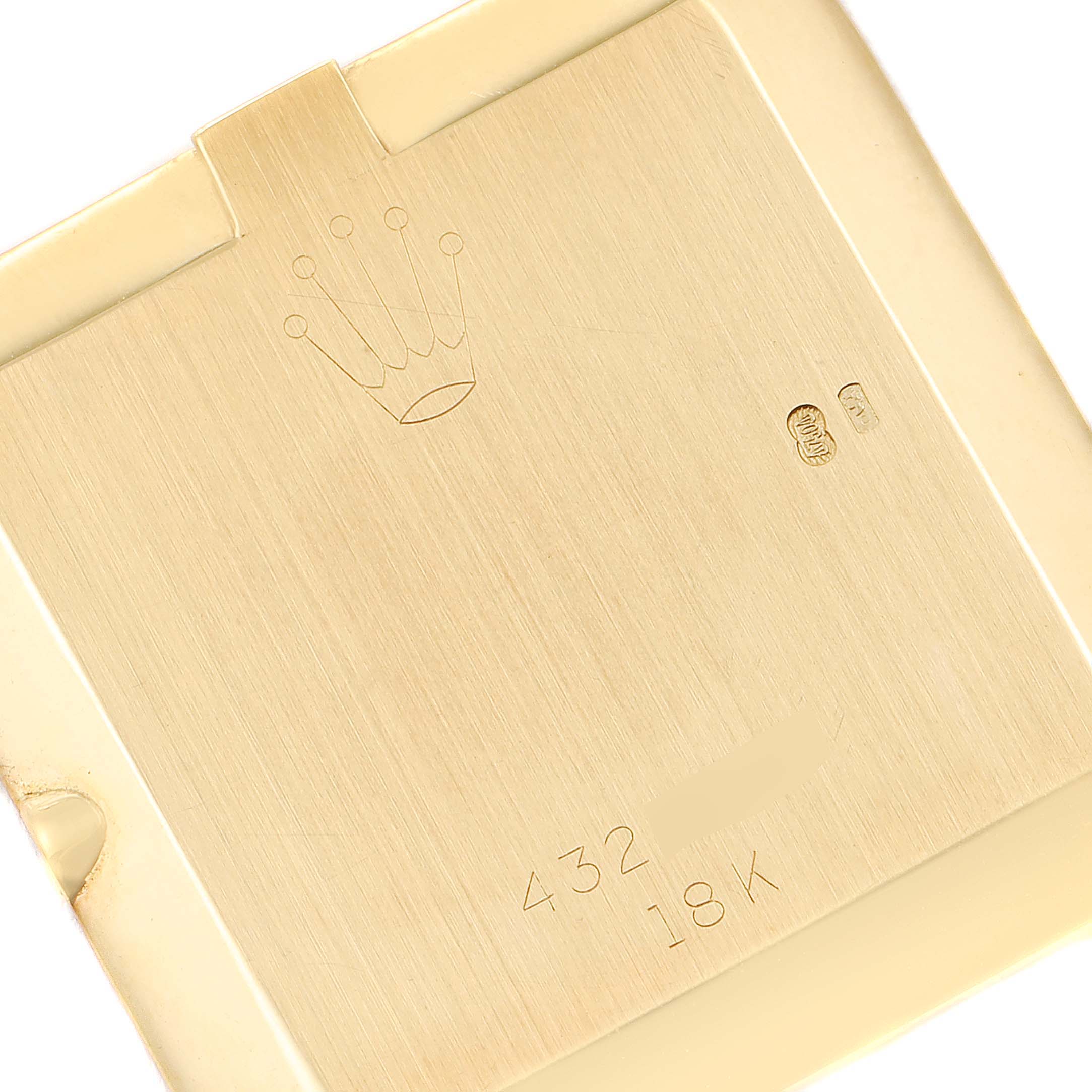 The image shows the back case of a Rolex Vintage Collection 4135 Men's Yellow Gold Champagne Dial 4135 Men's Yellow Gold Champagne Dial watch, highlighting the Rolex logo and gold purity inscription.