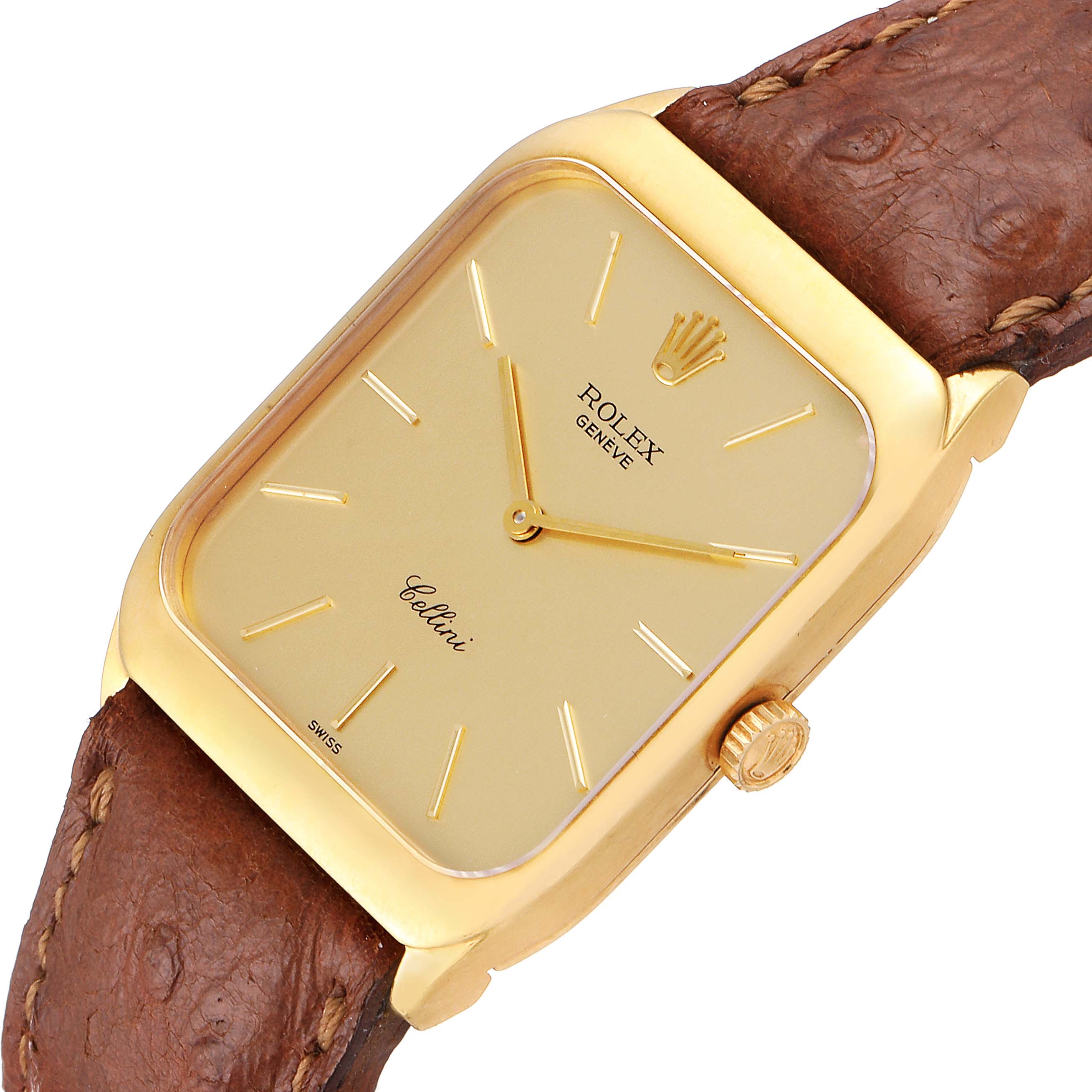 The image shows a close-up angle of the Rolex Vintage Collection 4135 Men's Yellow Gold Champagne Dial 4135 Men's Yellow Gold Champagne Dial Cellini watch, highlighting its gold face and brown leather strap.