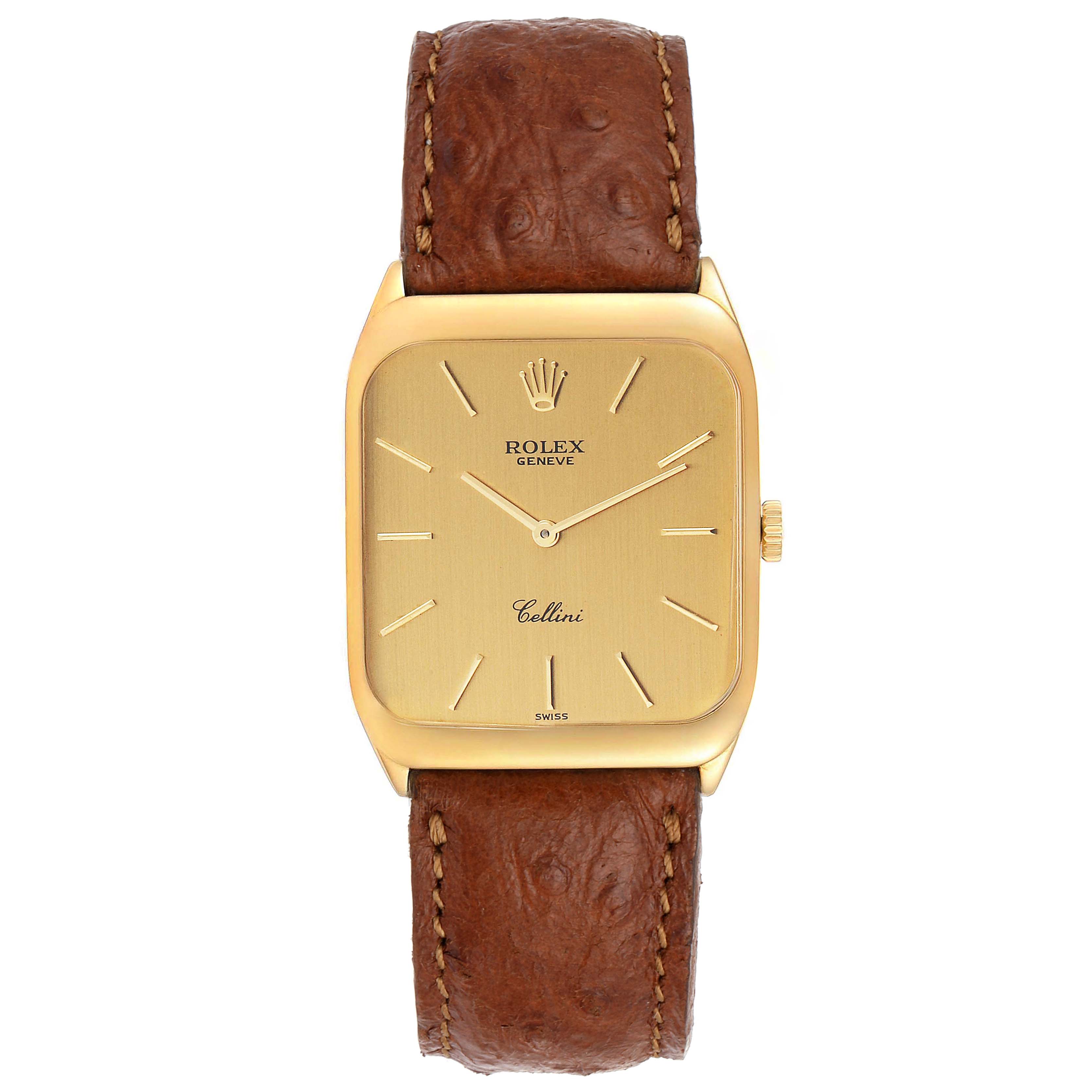 The Rolex Vintage Collection 4135 Men's Yellow Gold Champagne Dial 4135 Men's Yellow Gold Champagne Dial watch is shown from the front, displaying its dial, crown, and leather strap.