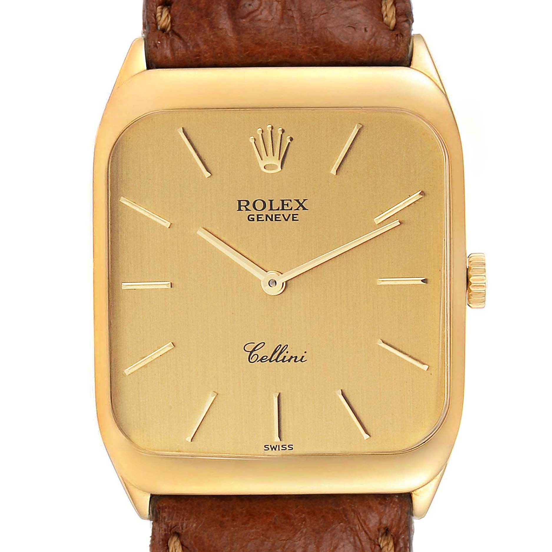 This image shows a Rolex Vintage Collection 4135 Men's Yellow Gold Champagne Dial 4135 Men's Yellow Gold Champagne Dial Cellini watch from a front angle, highlighting its gold dial, hands, and leather strap.