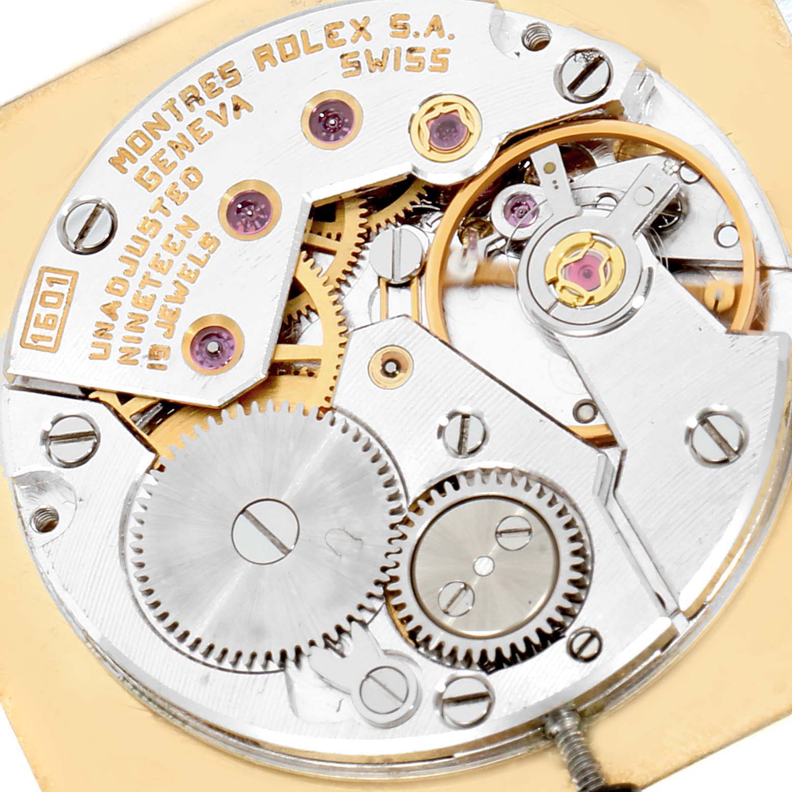 The image shows the internal mechanism of the Rolex Vintage Collection 4135 Men's Yellow Gold Champagne Dial 4135 Men's Yellow Gold Champagne Dial model 1601 watch at a top-down angle.