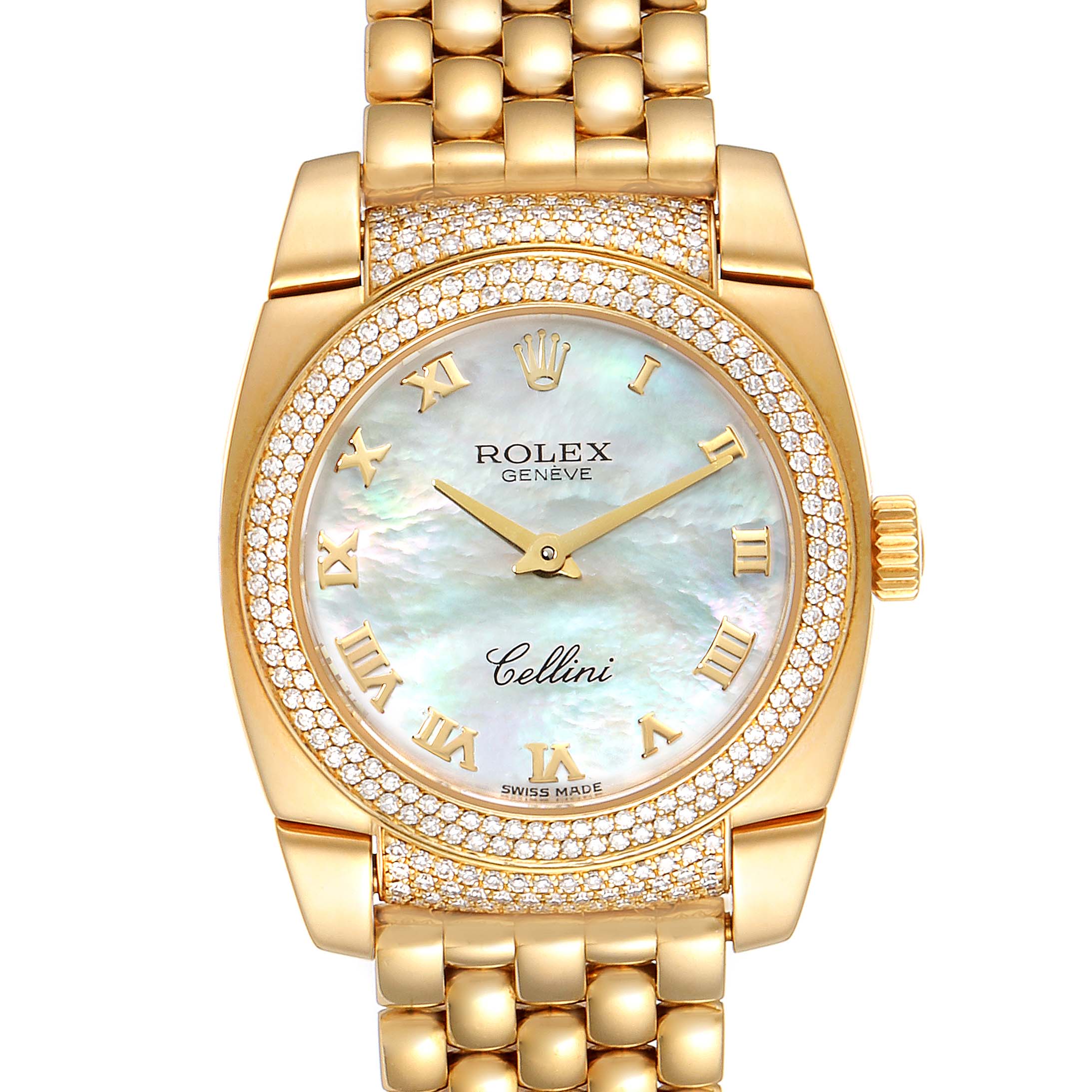 The Rolex Cellini 6311 Women's Yellow Gold Champagne Dial 6311 Women's Yellow Gold Champagne Dial watch is shown from a top-down angle, highlighting its dial, bezel, and bracelet.