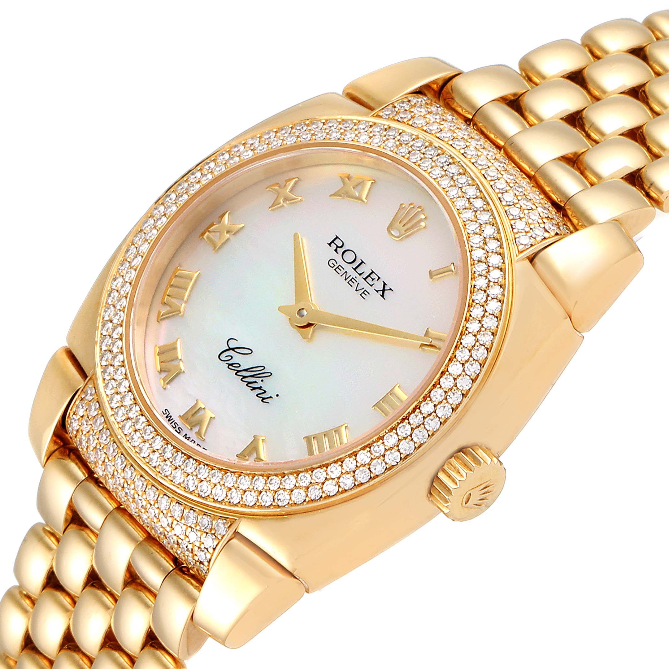 The image shows a gold Rolex Cellini 6311 Women's Yellow Gold Champagne Dial 6311 Women's Yellow Gold Champagne Dial watch, highlighting the dial, bezel, crown, and bracelet, taken from an angled side view.
