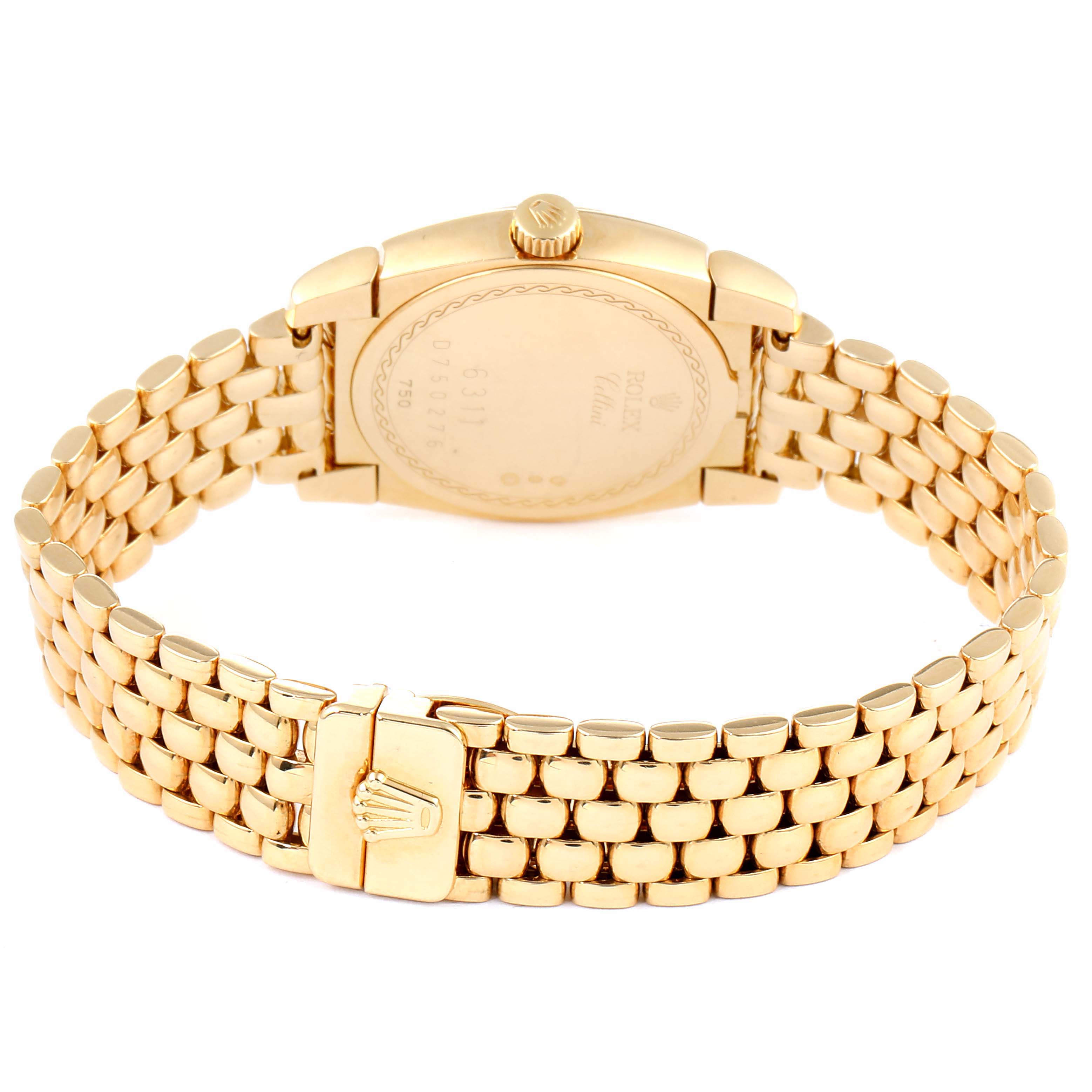 The image shows the back and bracelet of a Rolex Cellini 6311 Women's Yellow Gold Champagne Dial 6311 Women's Yellow Gold Champagne Dial watch, highlighting the clasp and crown.