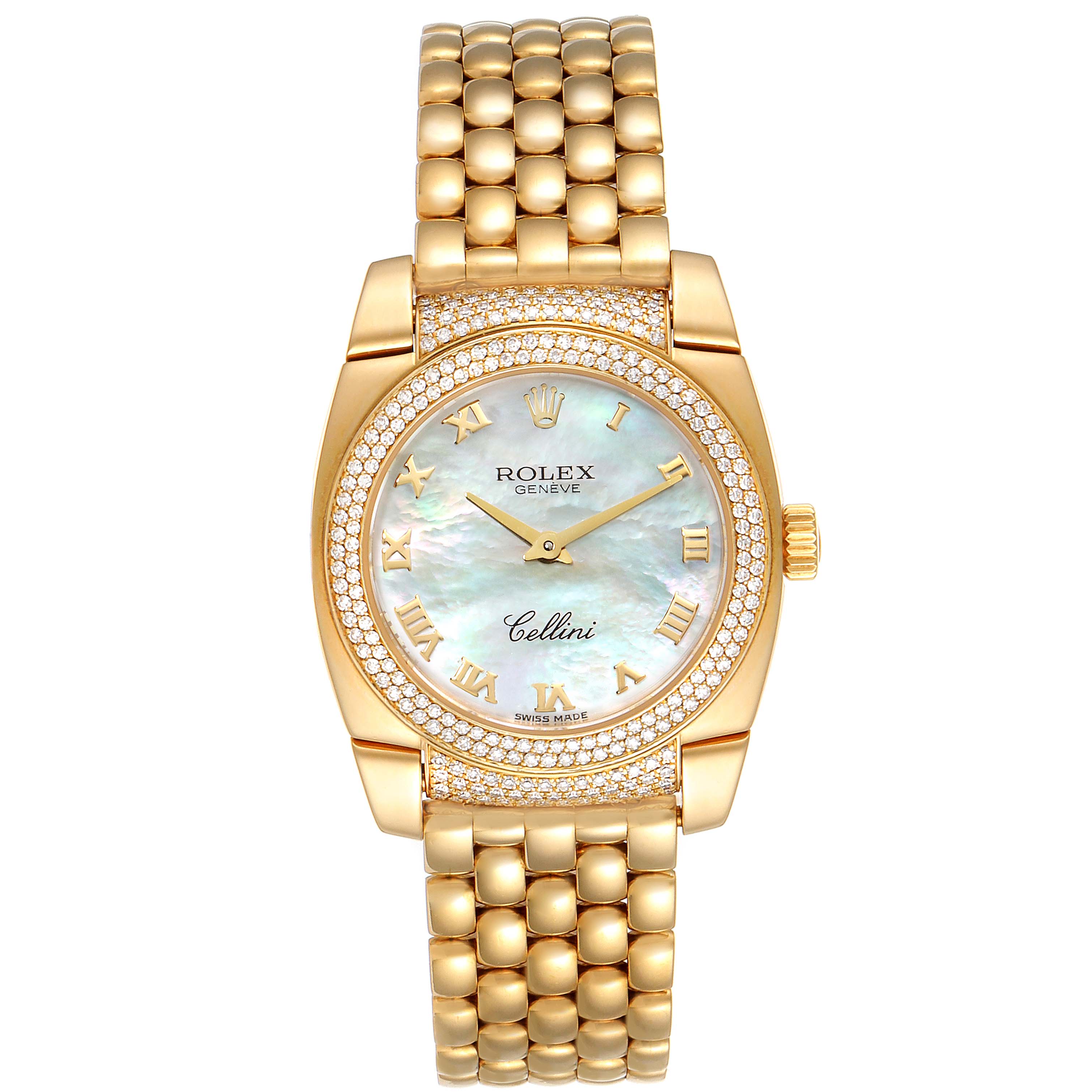 The image displays a Rolex Cellini 6311 Women's Yellow Gold Champagne Dial 6311 Women's Yellow Gold Champagne Dial watch from a top view, highlighting its face, bezel, and bracelet.