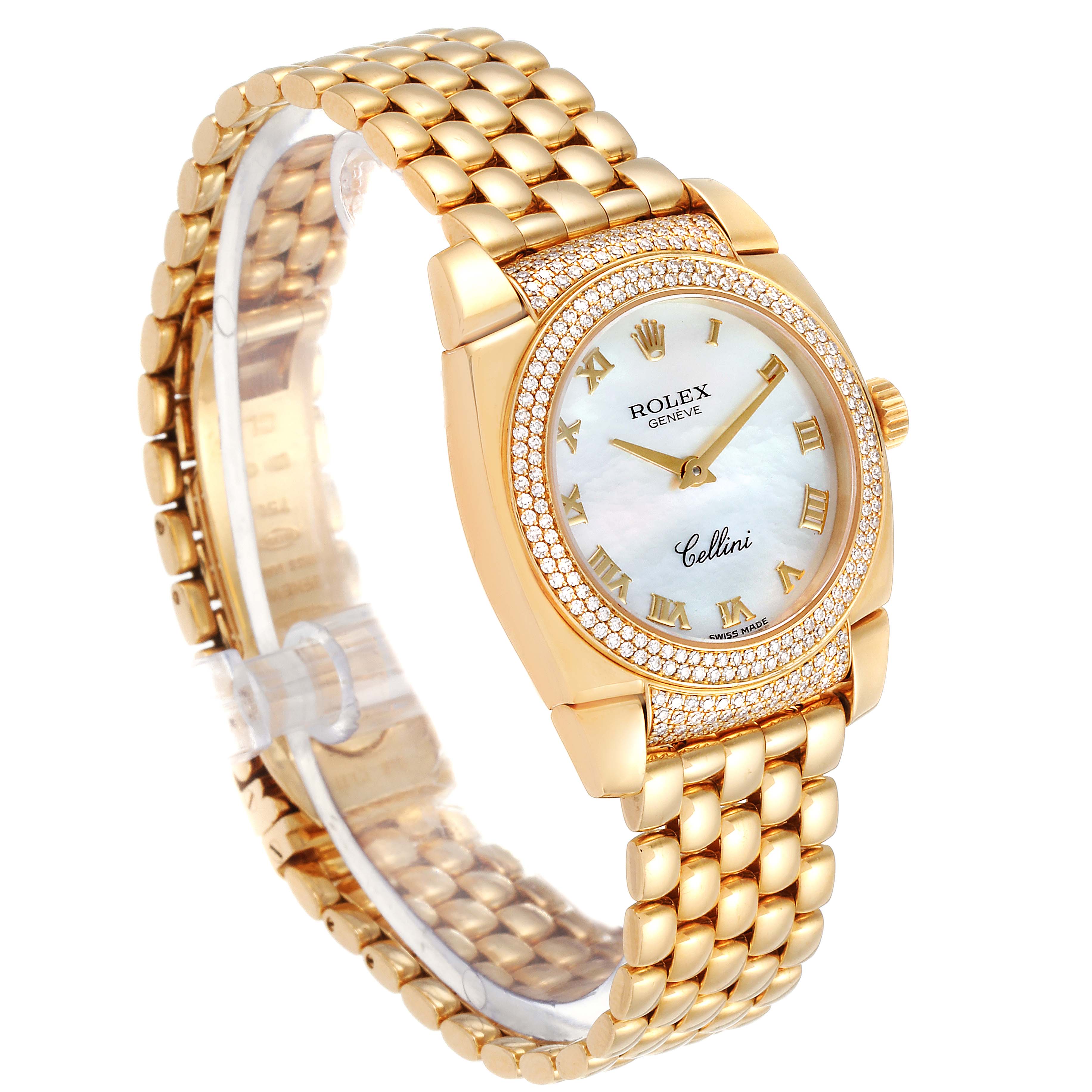 The Rolex Cellini 6311 Women's Yellow Gold Champagne Dial 6311 Women's Yellow Gold Champagne Dial watch is shown at a slight angle, featuring its gold bracelet and white mother-of-pearl dial with Roman numeral markers.