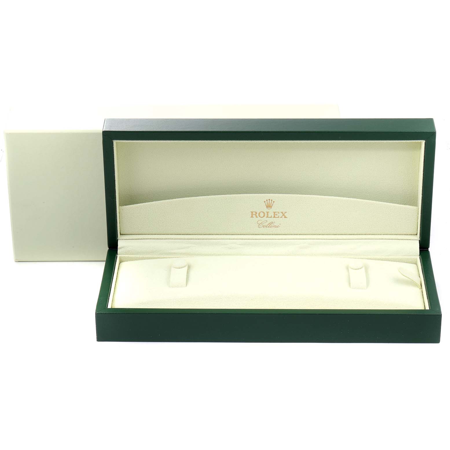 The image shows an open green watch box for a Rolex Cellini 50519 Men's White Gold Blue Dial 50519 Men's White Gold Blue Dial model, with the inside featuring beige padding.