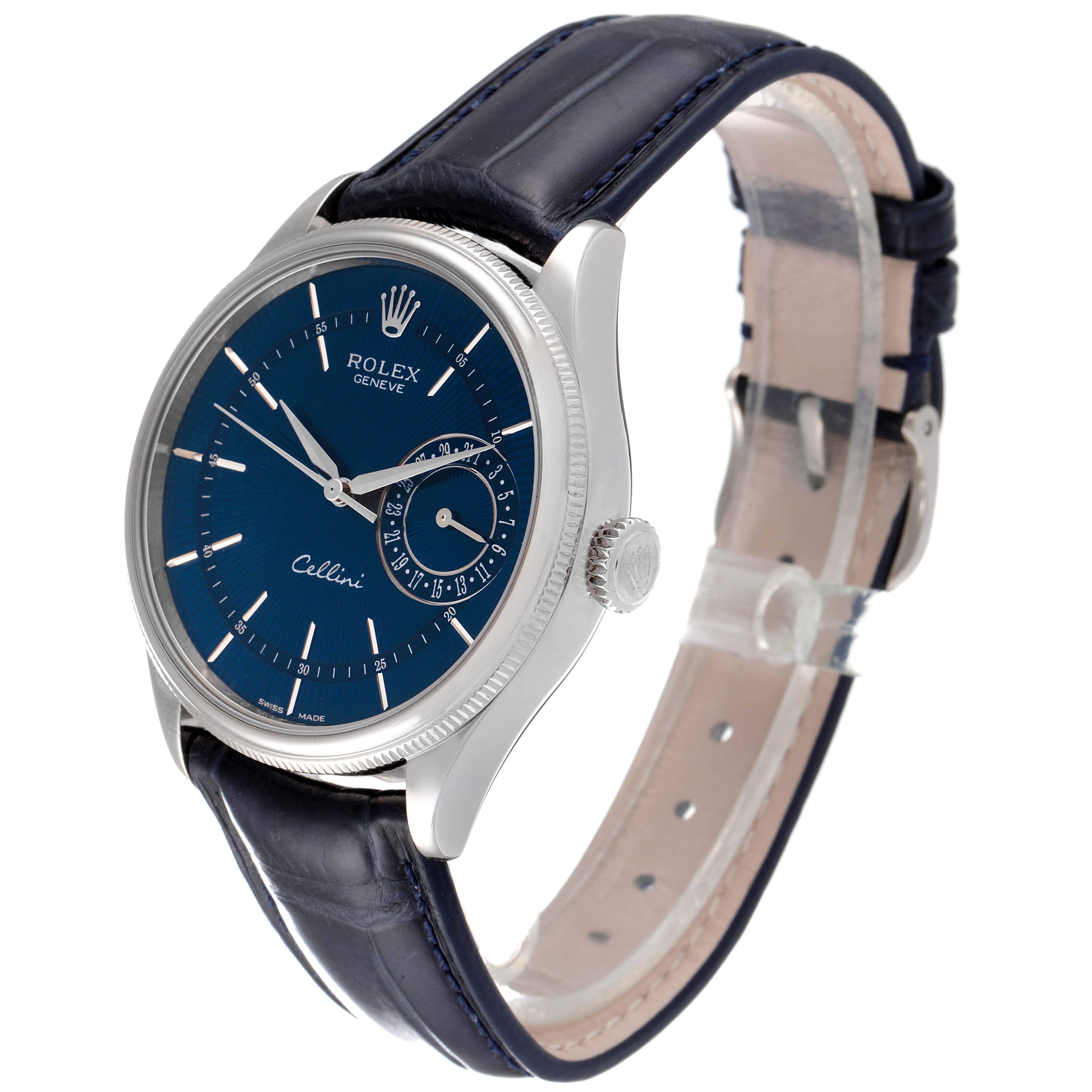 The Rolex Cellini 50519 Men's White Gold Blue Dial 50519 Men's White Gold Blue Dial watch is shown at a front-left angle, featuring a blue dial, silver case, and dark leather strap.