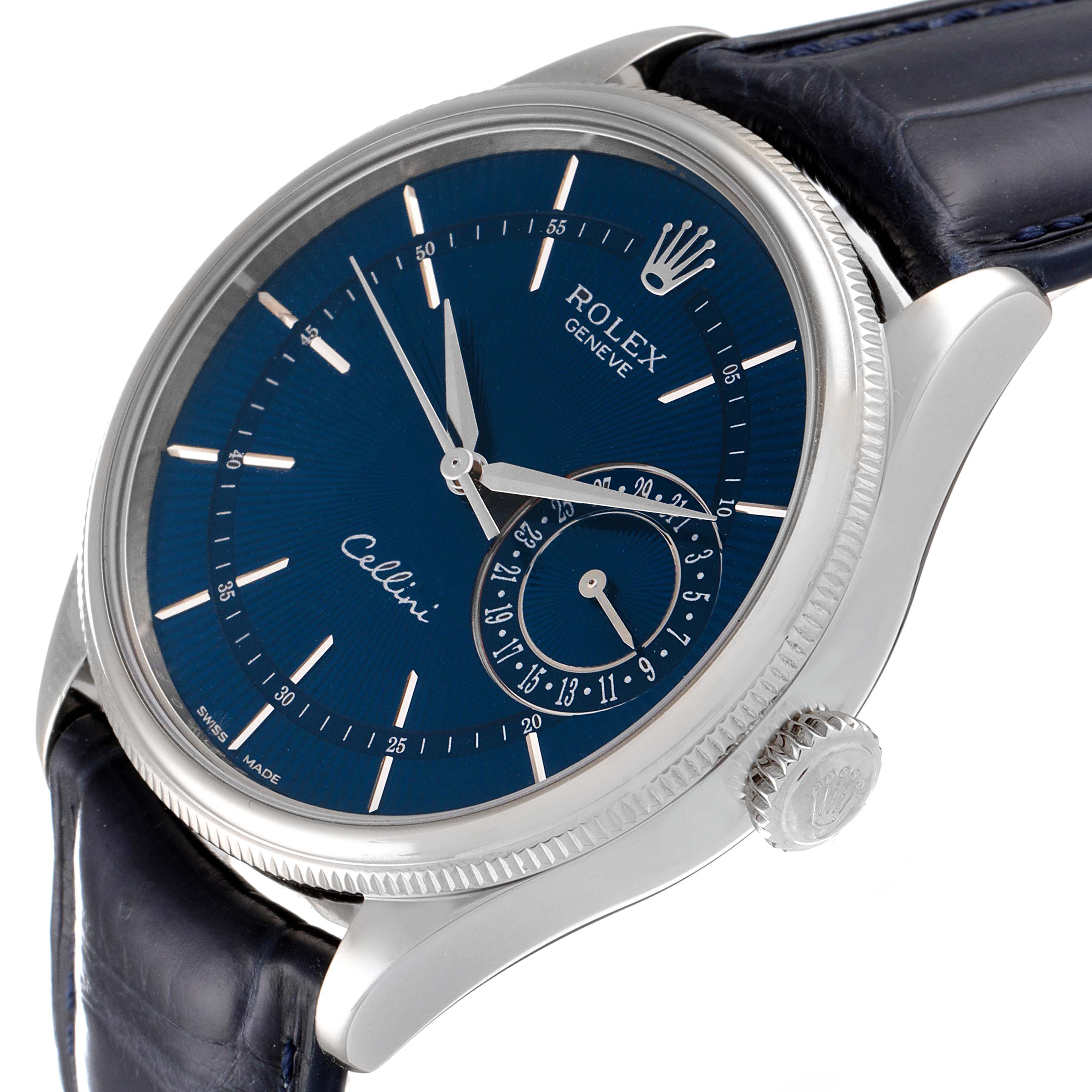 The Rolex Cellini 50519 Men's White Gold Blue Dial 50519 Men's White Gold Blue Dial watch is shown from a three-quarter angle, highlighting its blue dial, crown, and part of its leather strap.
