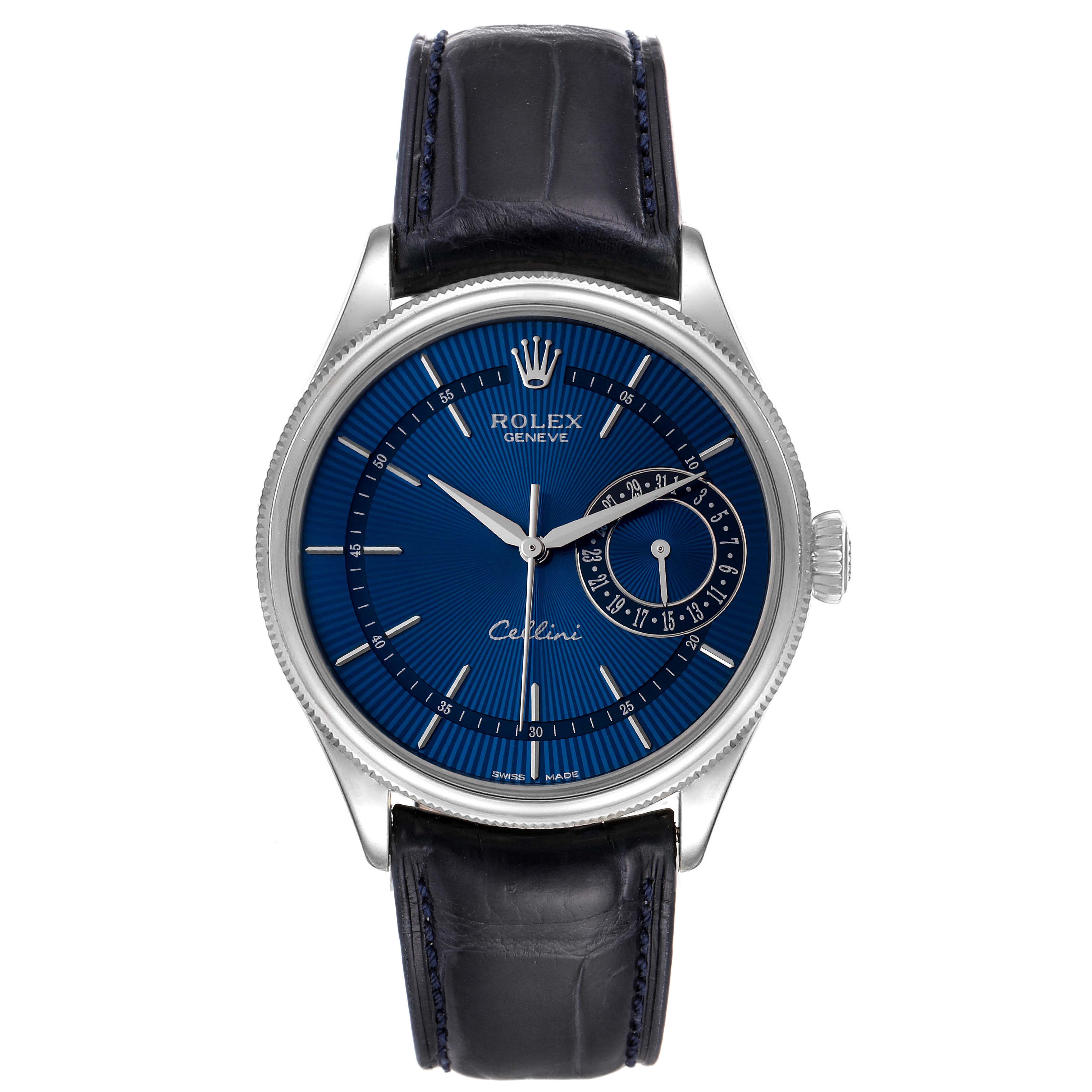 This image shows a front view of the Rolex Cellini 50519 Men's White Gold Blue Dial 50519 Men's White Gold Blue Dial watch, highlighting its blue dial, silver markers, and leather strap.