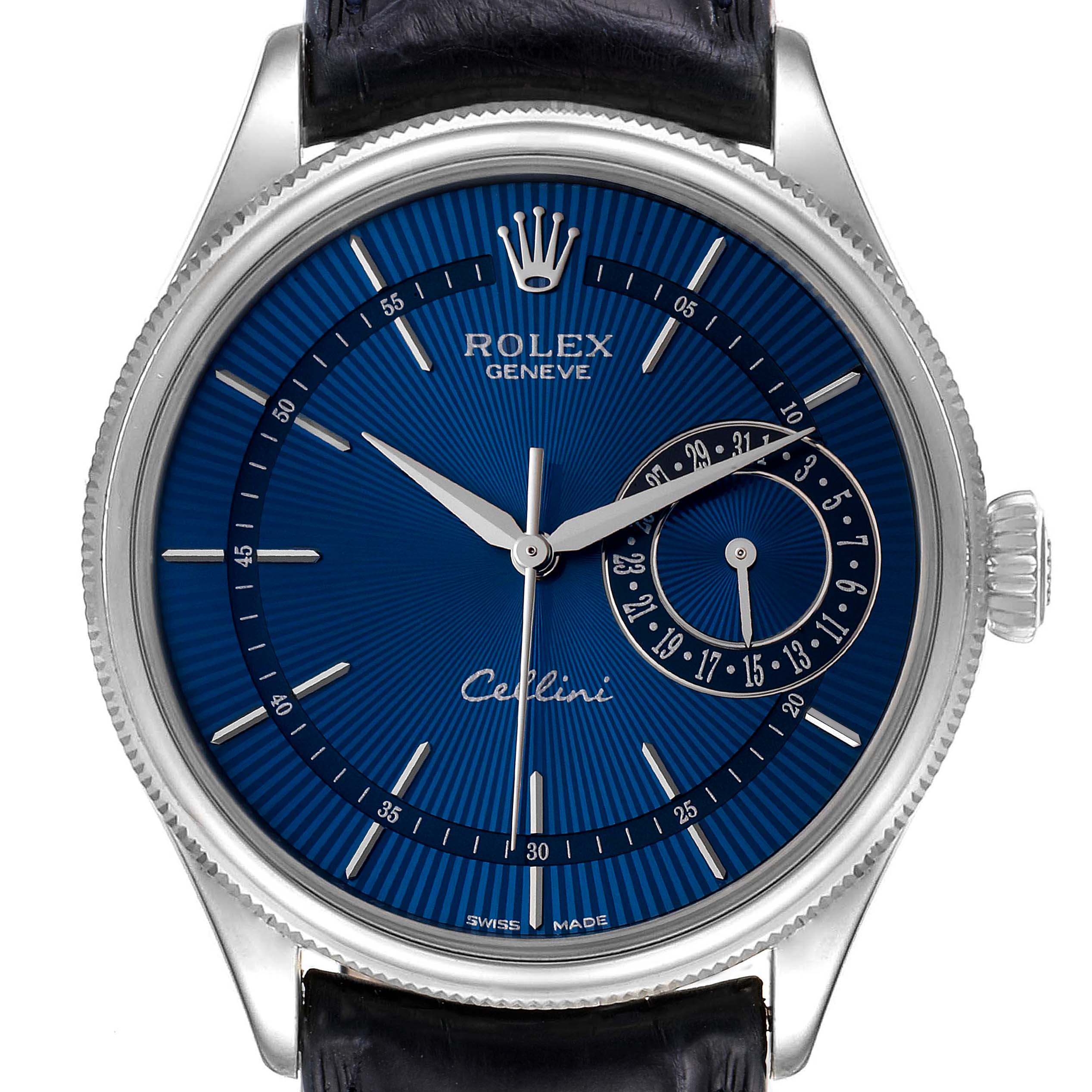 This image shows a front view of a Rolex Cellini 50519 Men's White Gold Blue Dial 50519 Men's White Gold Blue Dial watch with a blue dial and black leather strap.