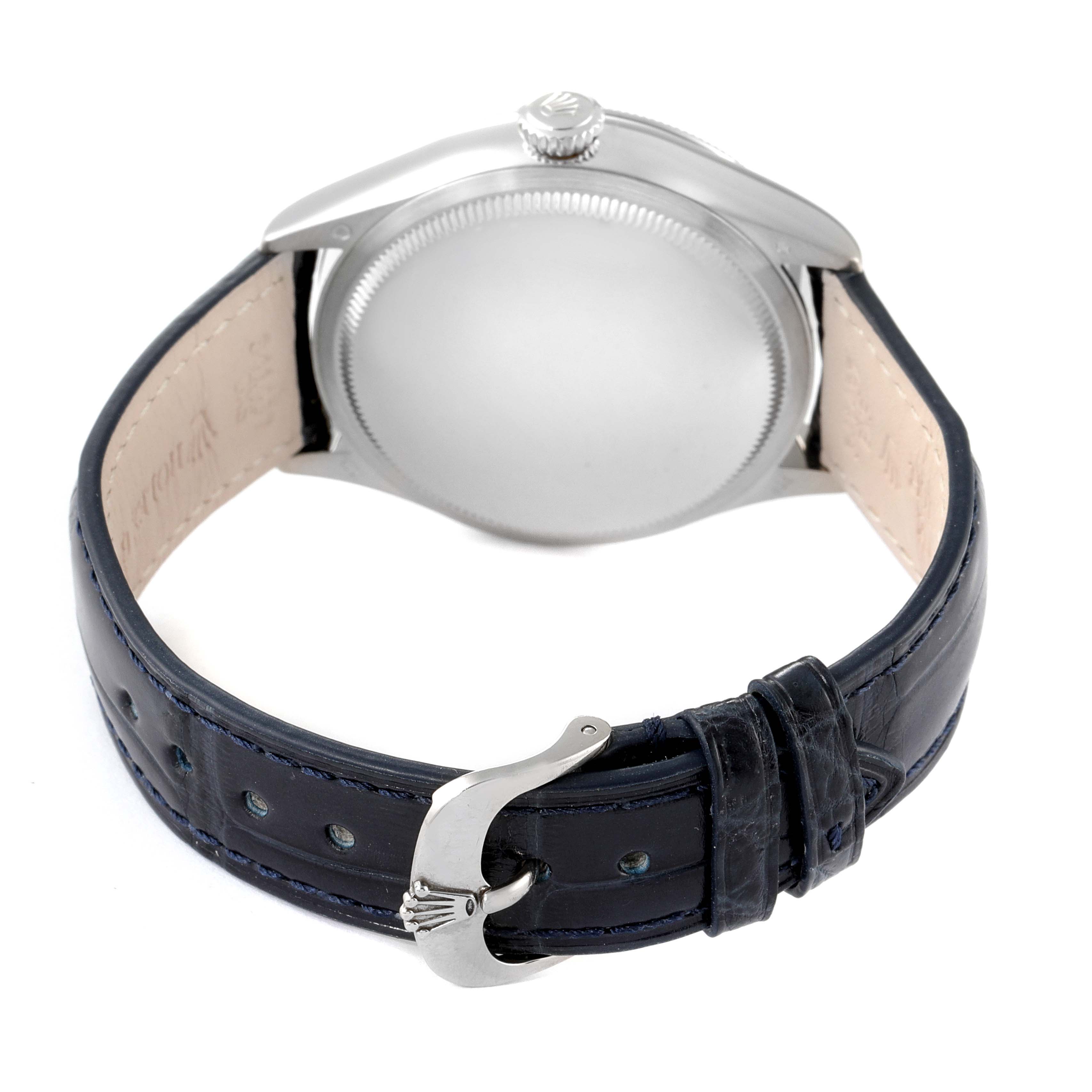 This image shows the back of the Rolex Cellini 50519 Men's White Gold Blue Dial 50519 Men's White Gold Blue Dial watch, highlighting its strap, buckle, and case back.