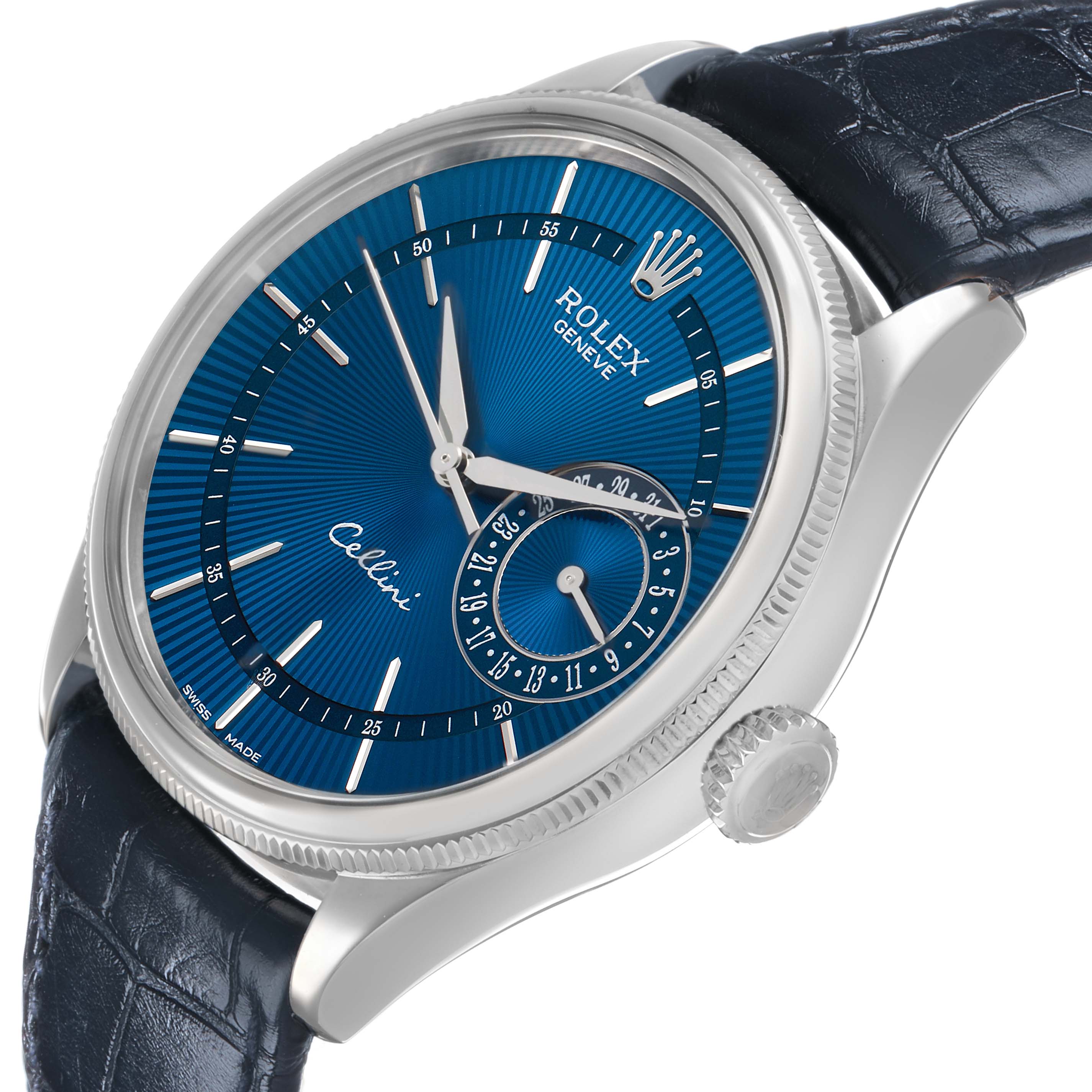 The Rolex Cellini 50519 Men's White Gold Blue Dial watch is shown at a slight angle, highlighting the blue dial, side profile, case, crown, and leather strap.