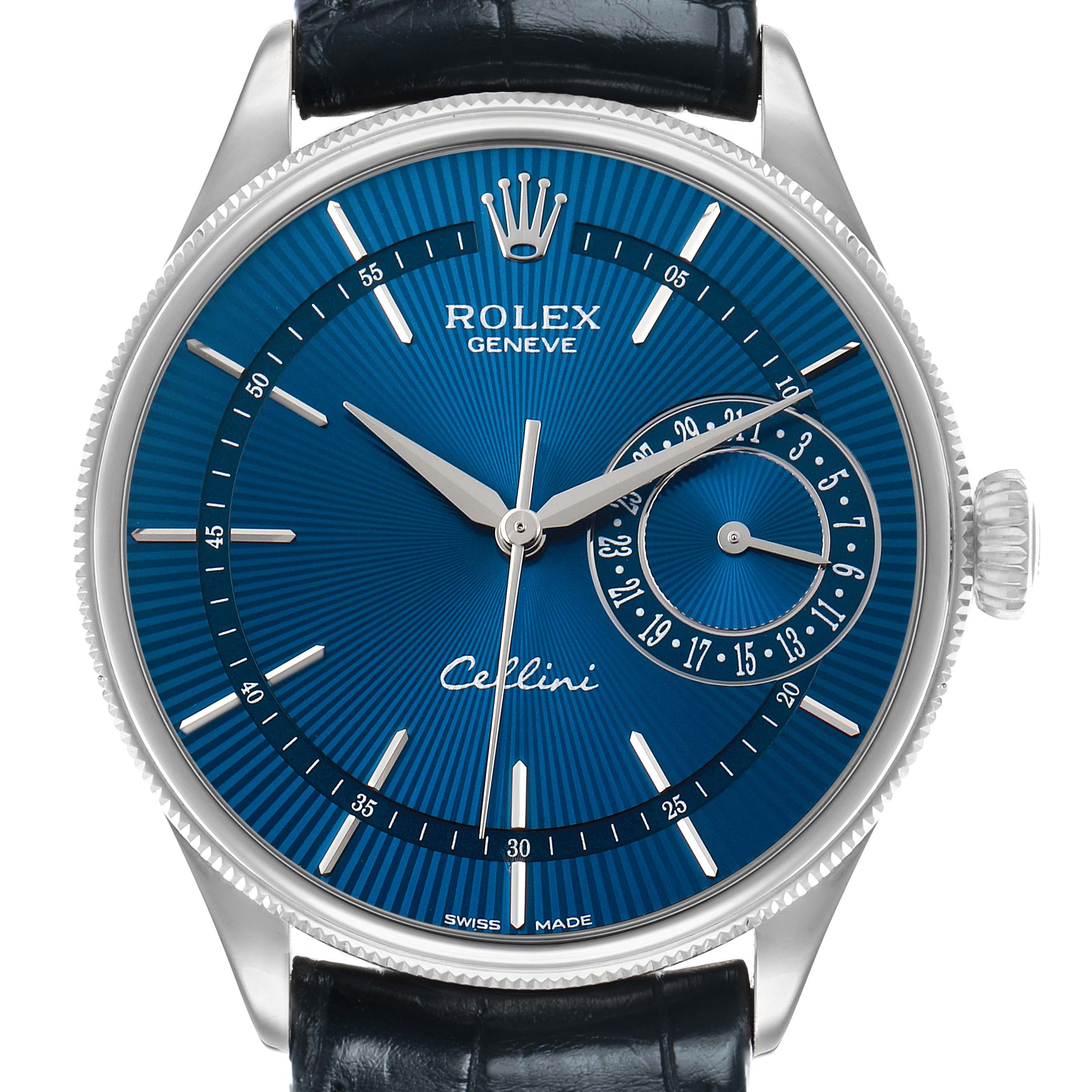 The Rolex Cellini 50519 Men's White Gold Blue Dial watch is shown from the front, displaying the dial, hands, and crown with a blue face and leather strap.