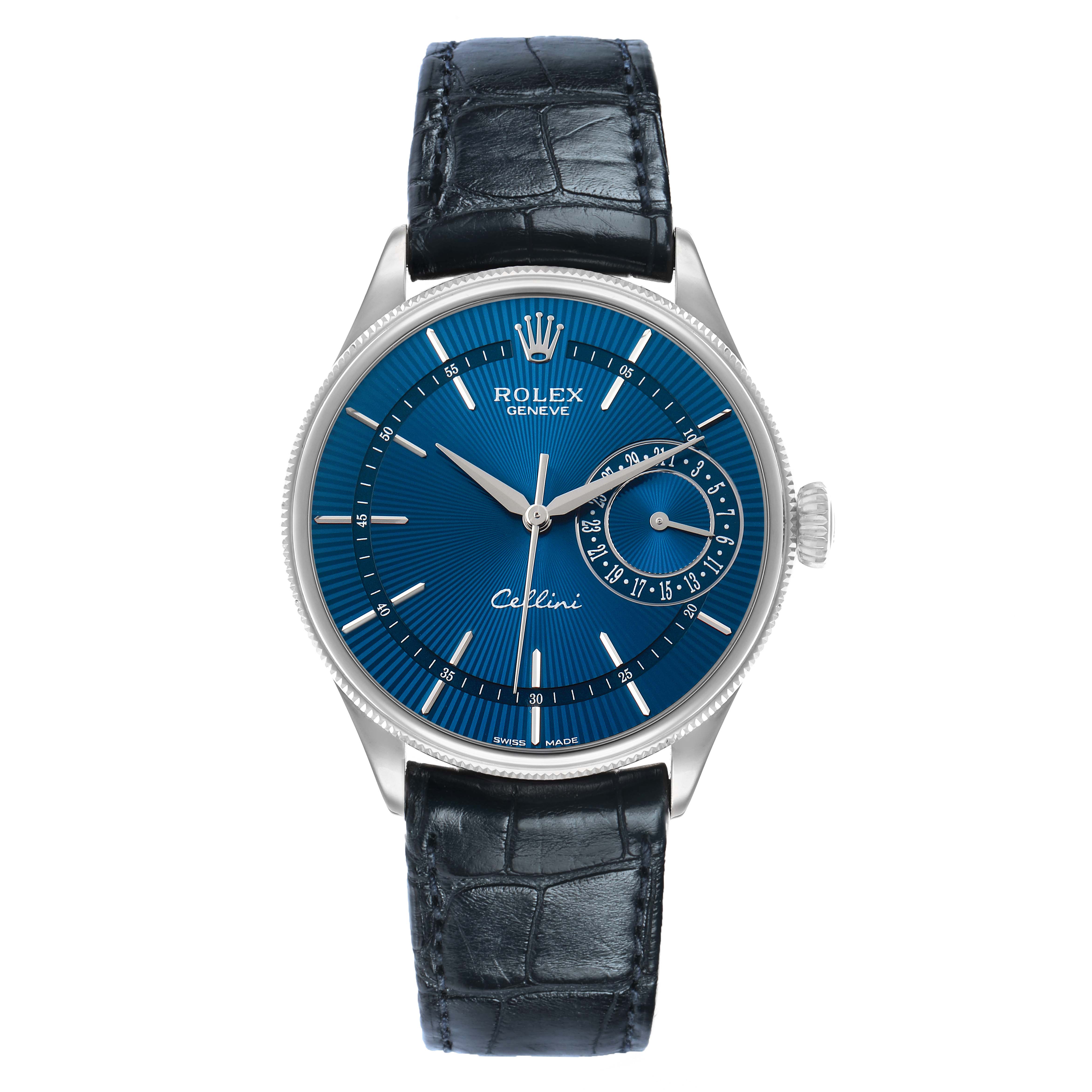 The Rolex Cellini 50519 Men's White Gold Blue Dial watch is shown from a front angle, displaying its blue dial, silver case, and black leather strap.