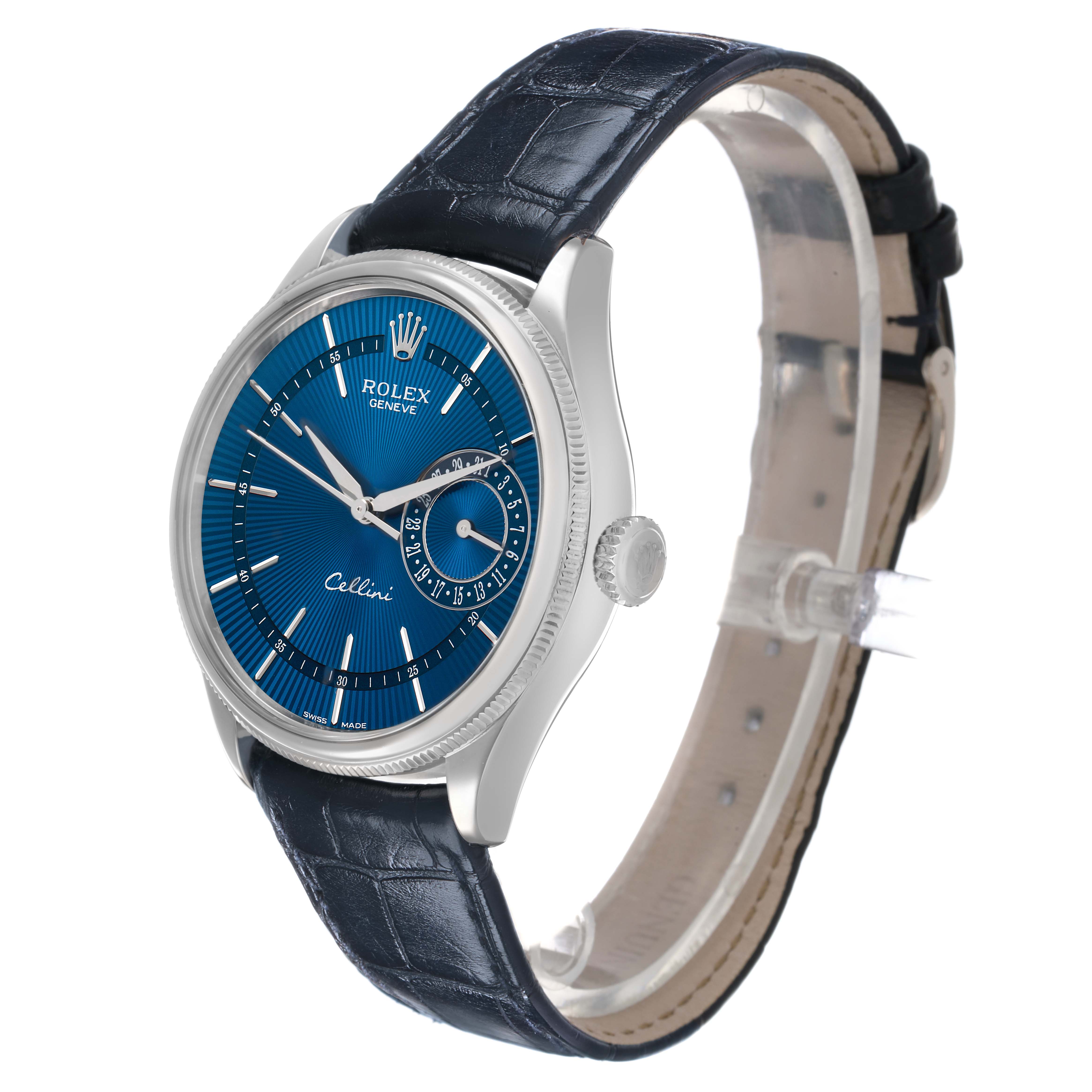 The Rolex Cellini 50519 Men's White Gold Blue Dial watch is shown at a slight angle, highlighting the blue dial, case, and leather strap.