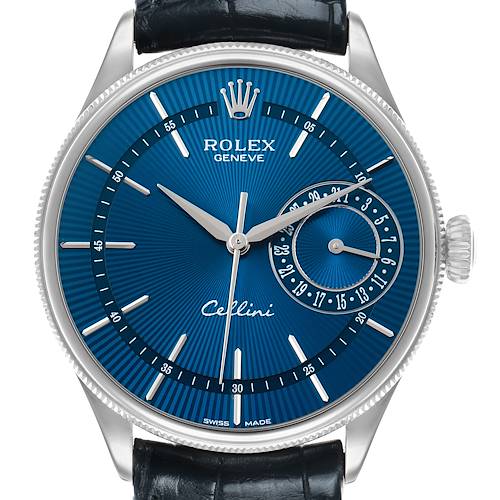 The Rolex Cellini 50519 Men's White Gold Blue Dial watch is shown from the front, highlighting its blue dial, hour markers, hands, and date subdial.