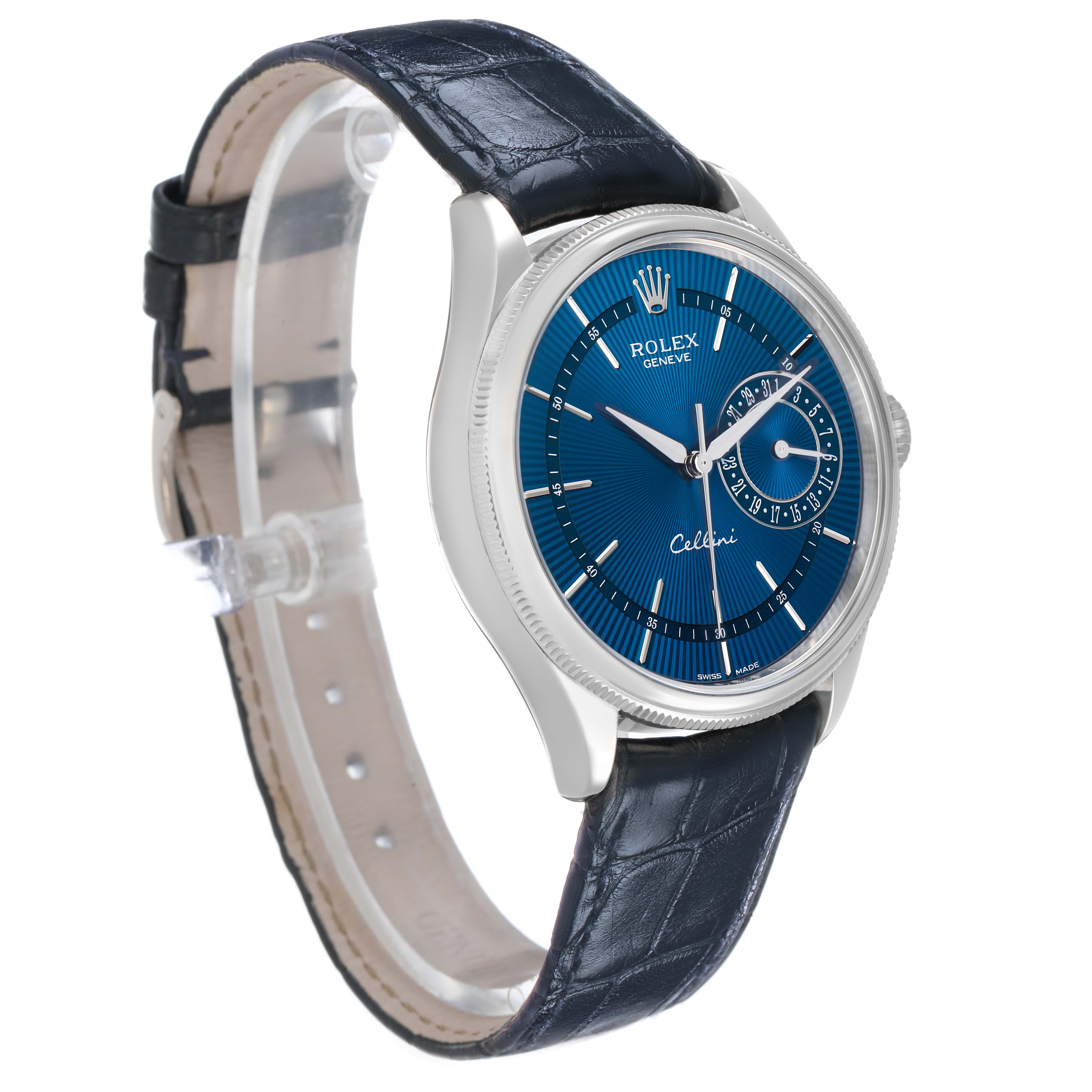 The Rolex Cellini 50519 Men's White Gold Blue Dial watch is shown at a slight angle, highlighting the blue dial, case, lugs, and leather strap.