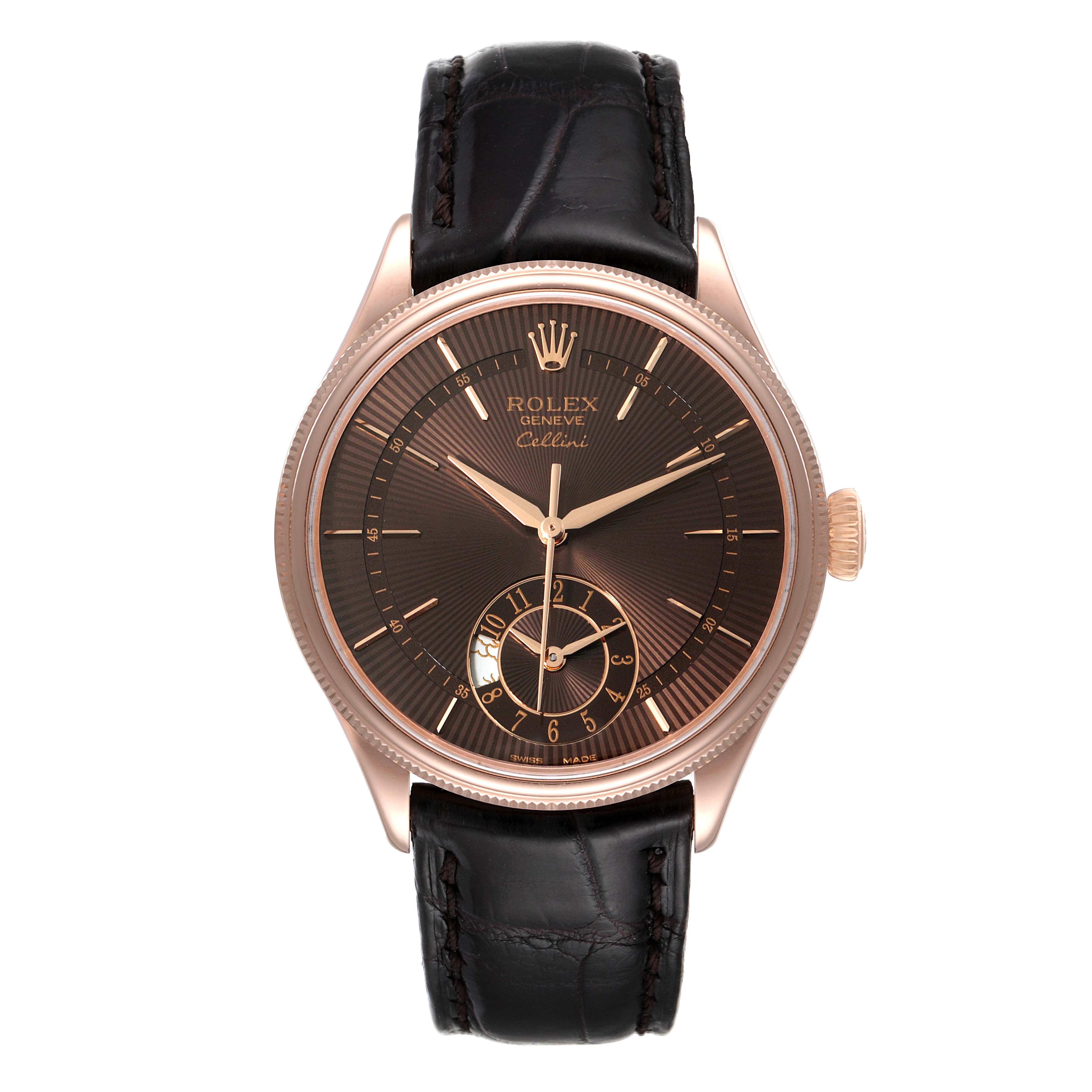 The image depicts a front view of a Rolex Cellini 50525 Men's Rose Gold Brown Dial 50525 Men's Rose Gold Brown Dial watch with a dark dial, rose gold case, and black leather strap.