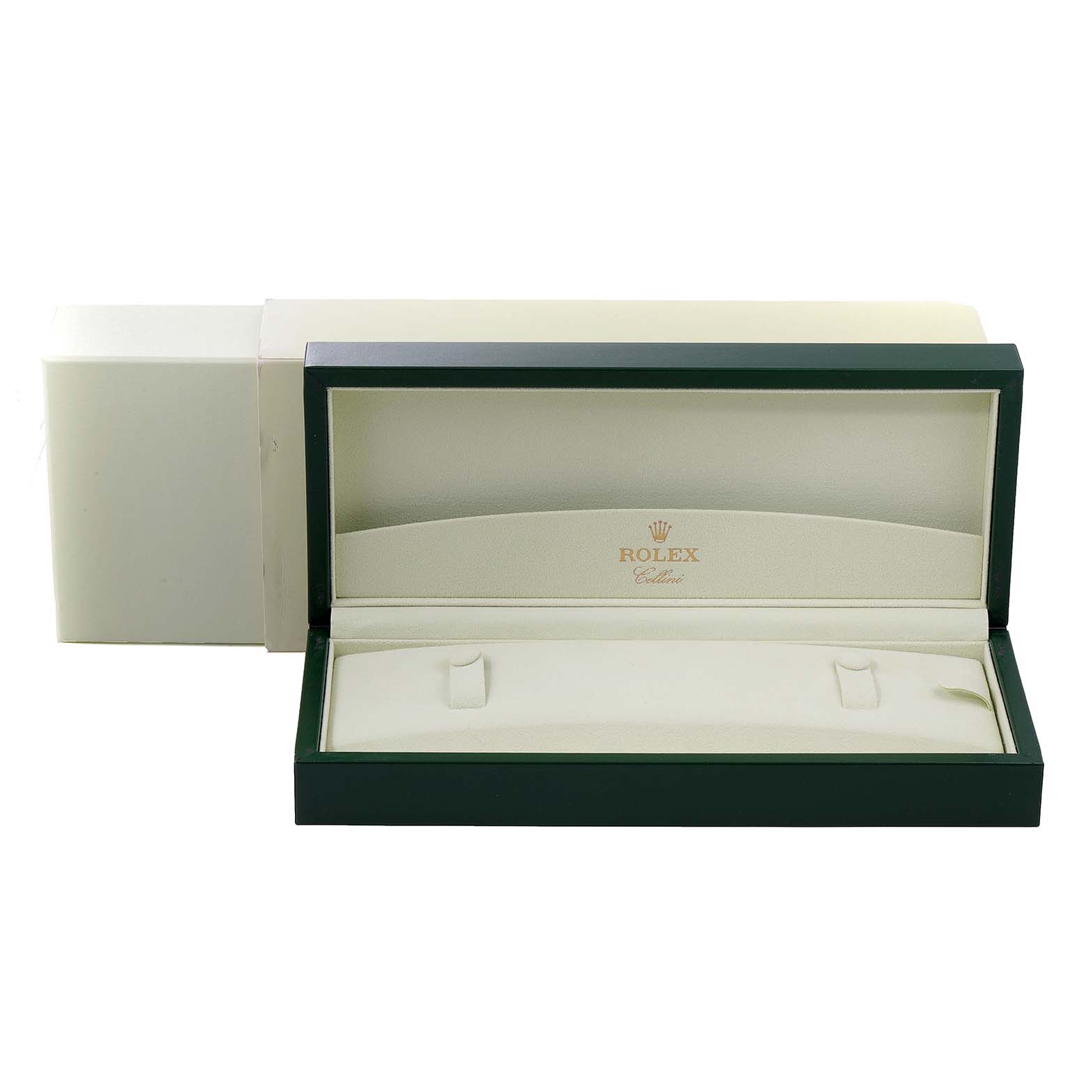 This image shows an open Rolex Cellini 50525 Men's Rose Gold Brown Dial 50525 Men's Rose Gold Brown Dial watch box at an angle that reveals its inner lining and logo.