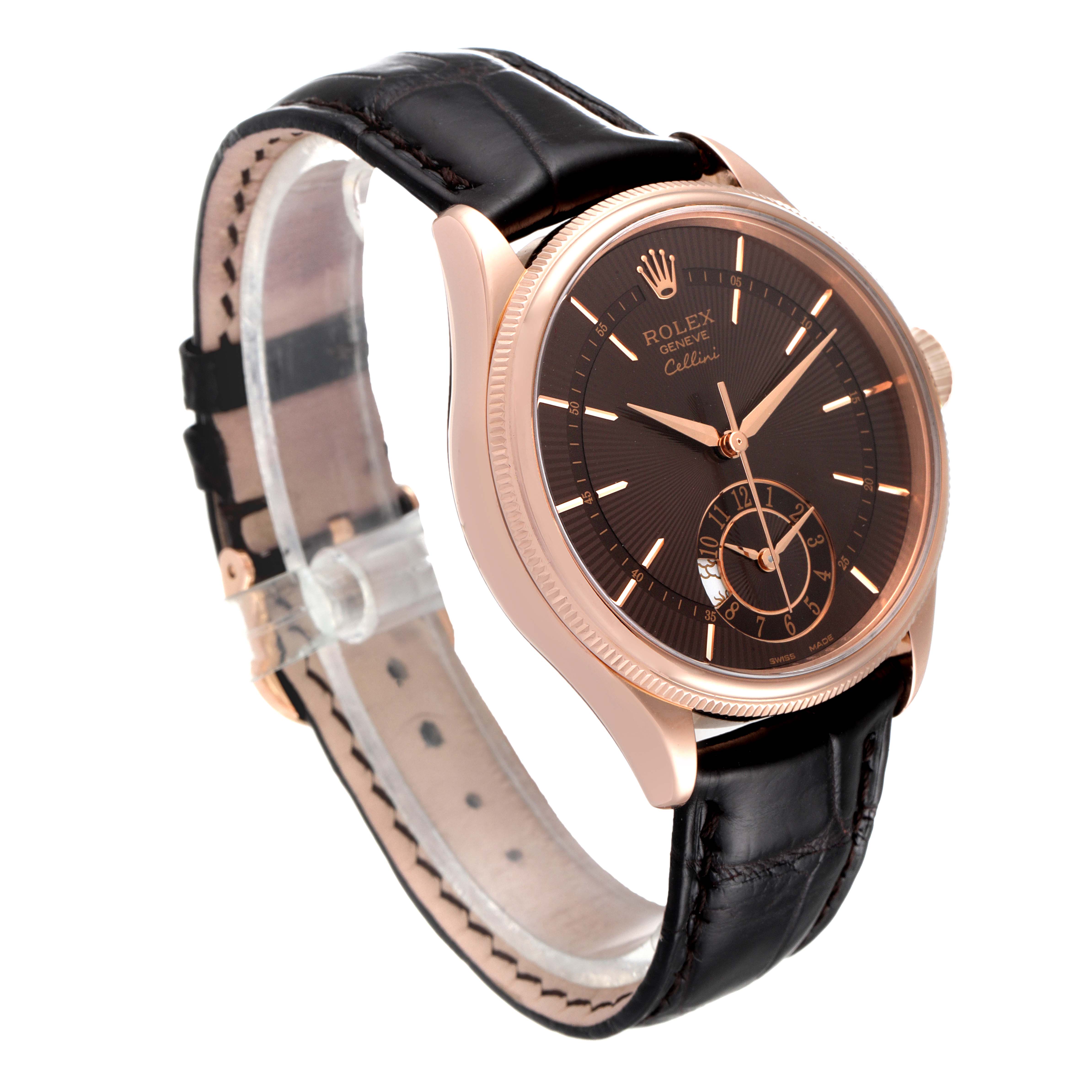 The Rolex Cellini 50525 Men's Rose Gold Brown Dial 50525 Men's Rose Gold Brown Dial watch is shown at a three-quarter angle displaying its dial, bezel, crown, and leather strap.
