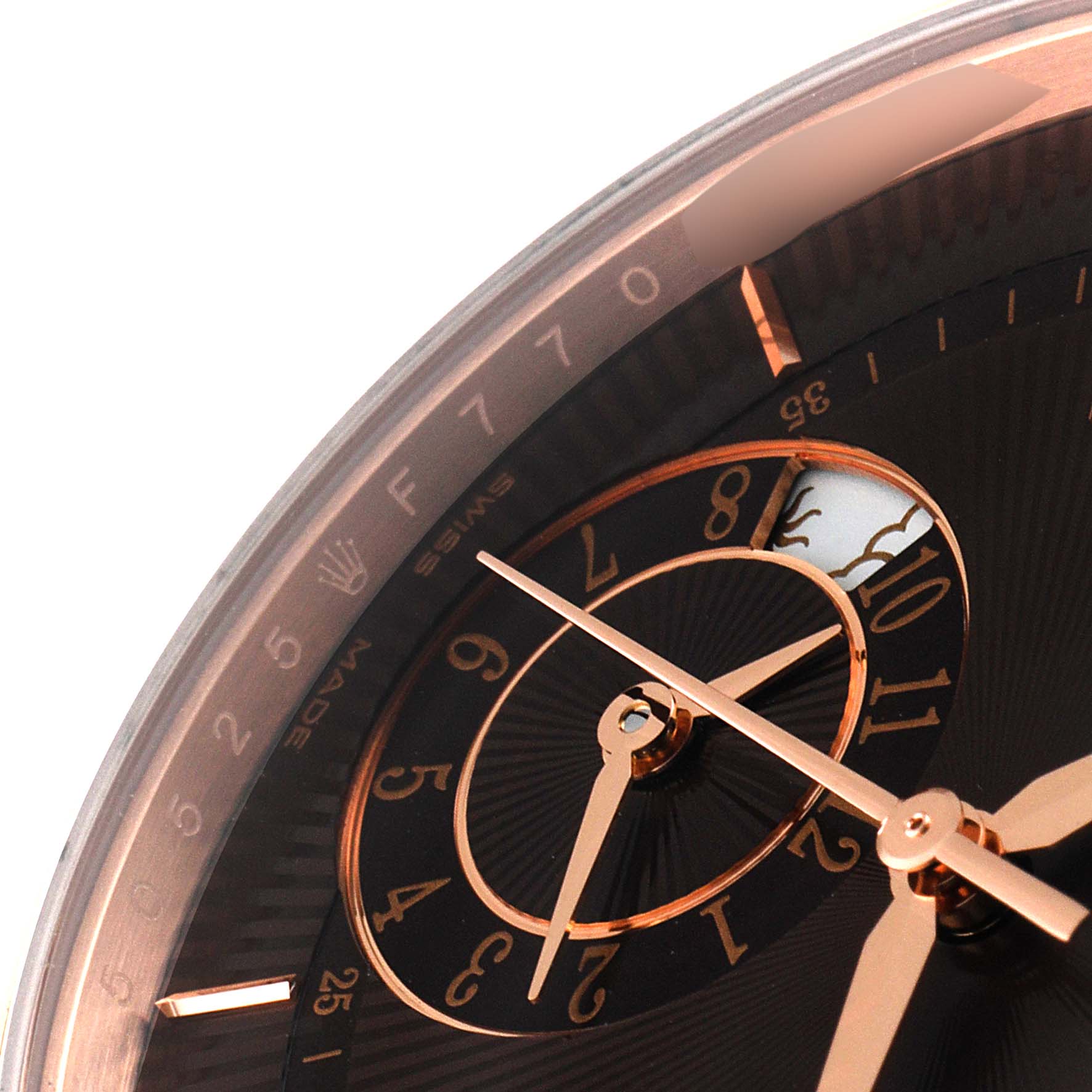 This close-up image shows the dial and hands of a Rolex Cellini 50525 Men's Rose Gold Brown Dial 50525 Men's Rose Gold Brown Dial watch, focusing on the numerals and detailing.