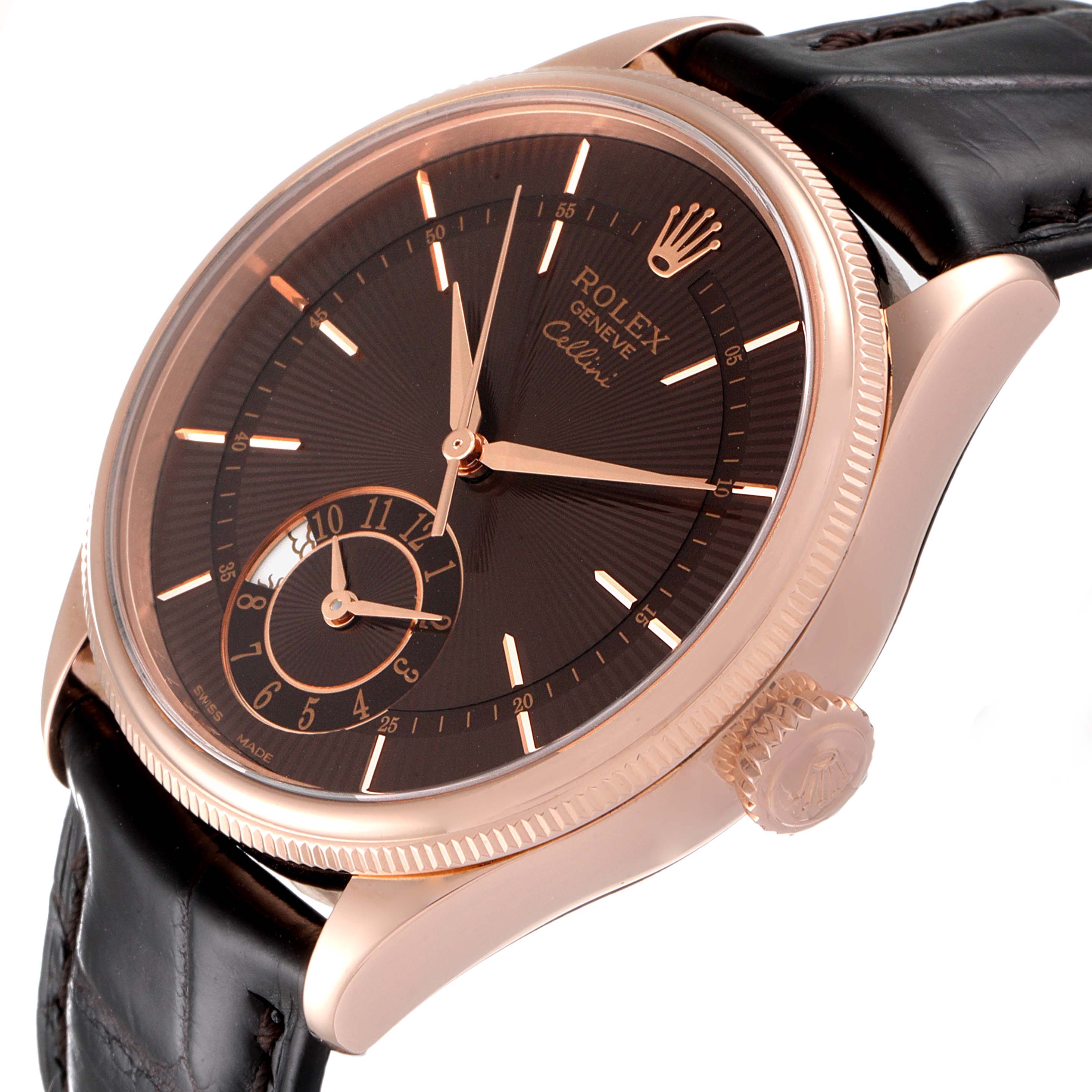 The image shows a side angle of the Rolex Cellini 50525 Men's Rose Gold Brown Dial 50525 Men's Rose Gold Brown Dial watch, highlighting its face, crown, and black leather strap.