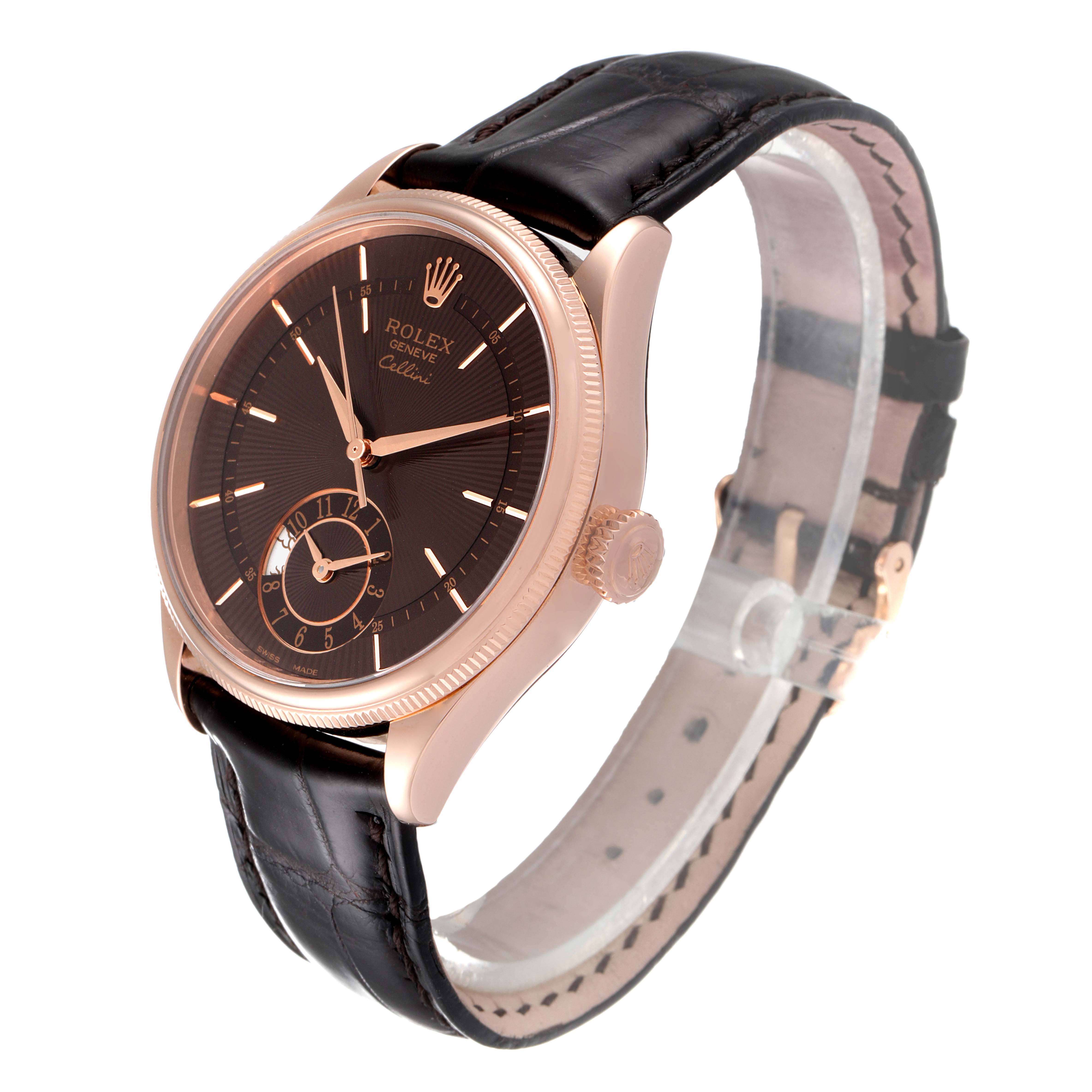 The Rolex Cellini 50525 Men's Rose Gold Brown Dial 50525 Men's Rose Gold Brown Dial watch is shown at a three-quarter angle, displaying the watch face, crown, and leather strap.