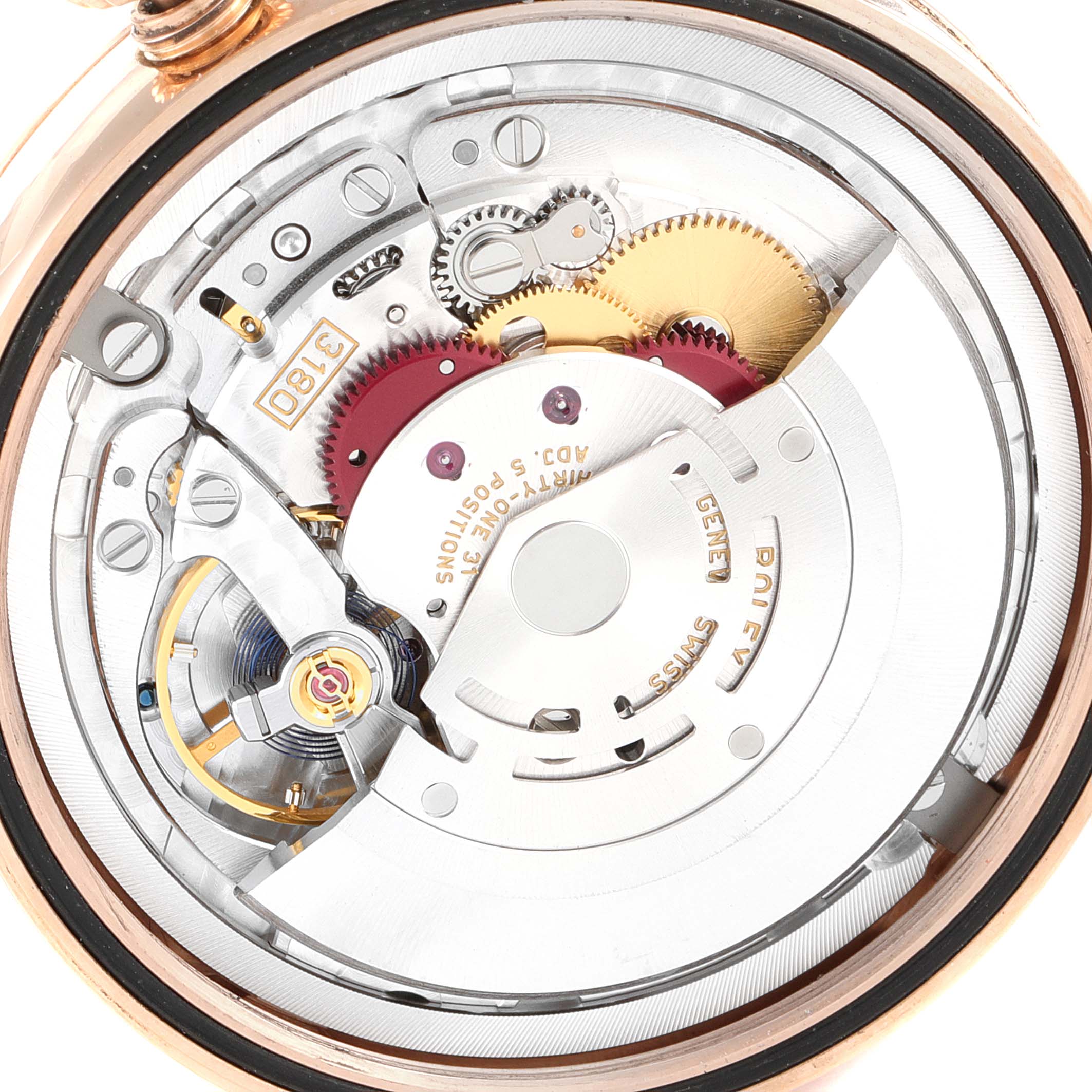 This image shows a close-up view of the movement and internal mechanics of a Rolex Cellini 50525 Men's Rose Gold Brown Dial 50525 Men's Rose Gold Brown Dial watch.