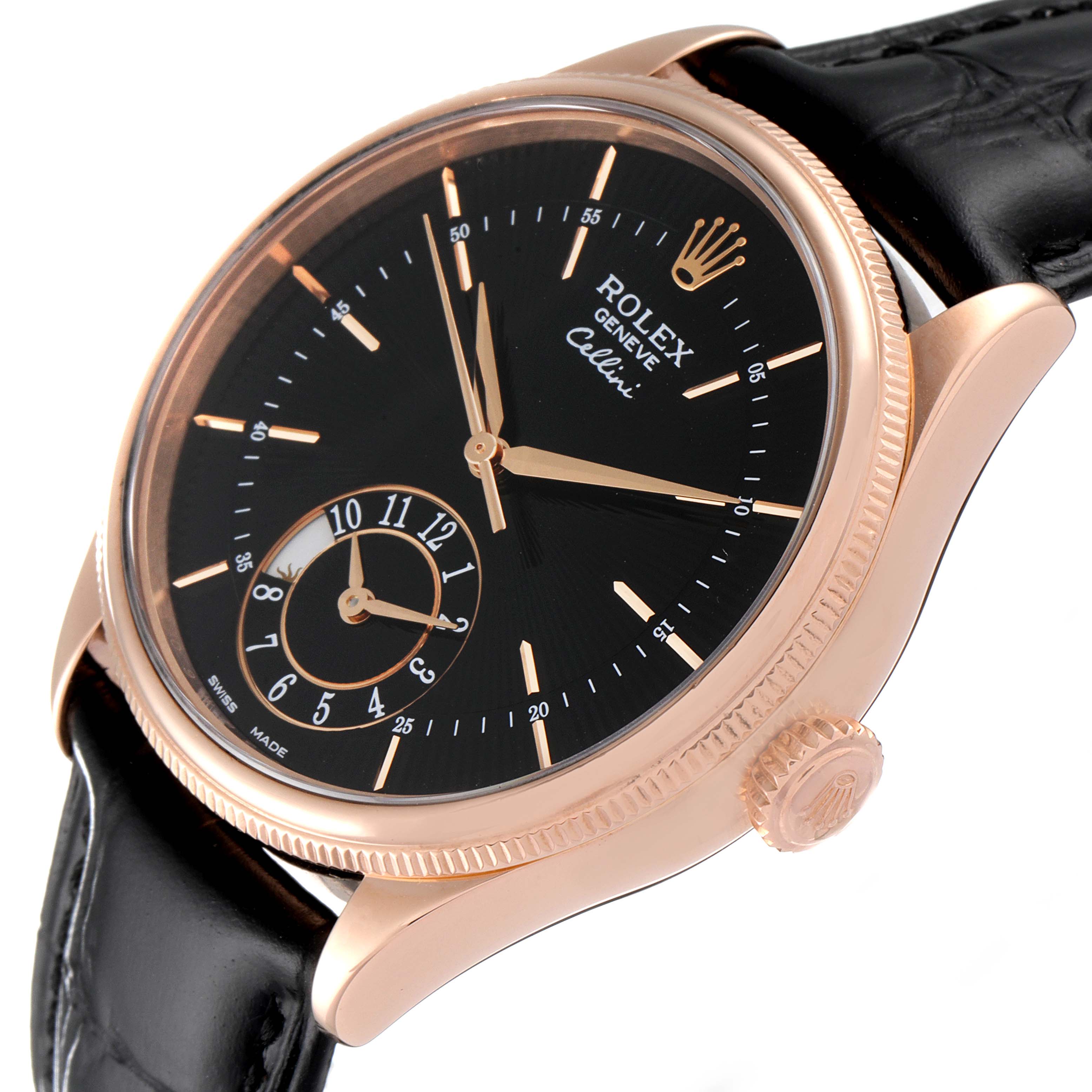 This image shows a Rolex Cellini 50525 Men's Rose Gold Black Dial 50525 Men's Rose Gold Black Dial watch at a three-quarter angle, highlighting the face, bezel, crown, and leather strap.