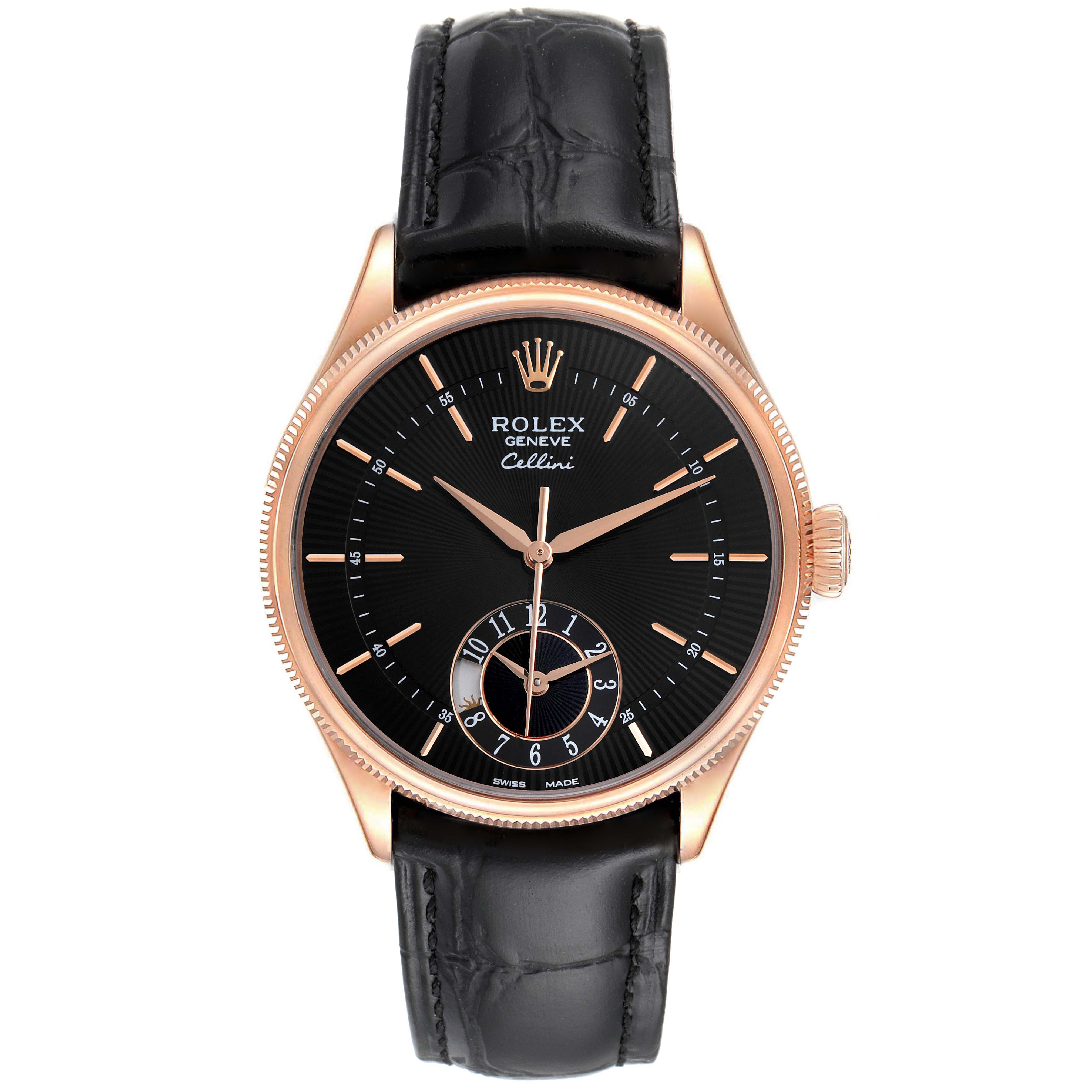 The image shows a front view of a Rolex Cellini 50525 Men's Rose Gold Black Dial 50525 Men's Rose Gold Black Dial watch with a black leather strap and a rose gold case.