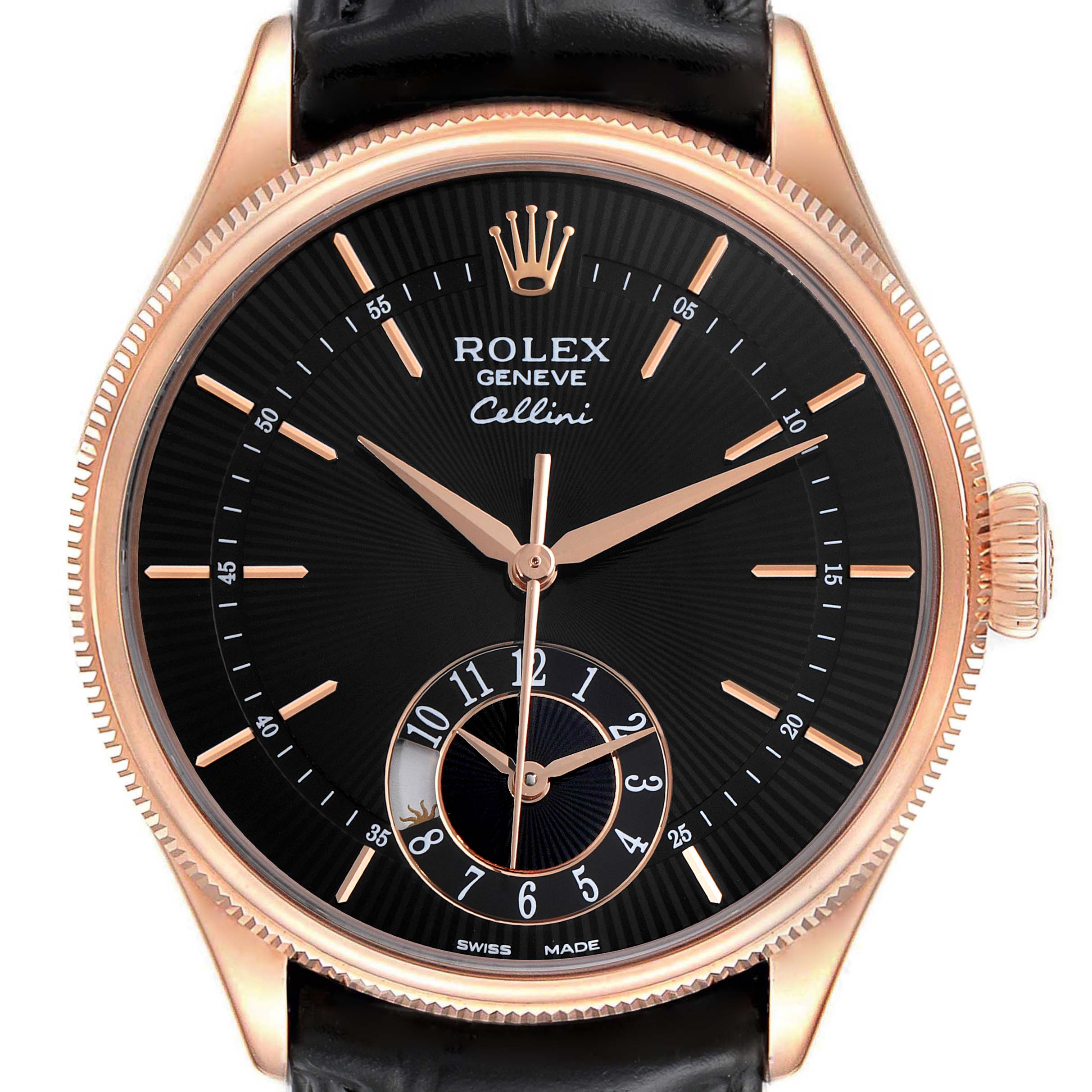 This Rolex Cellini 50525 Men's Rose Gold Black Dial 50525 Men's Rose Gold Black Dial watch is shown from a front angle, featuring its black dial, gold hour markers, hands, and sub-dial.