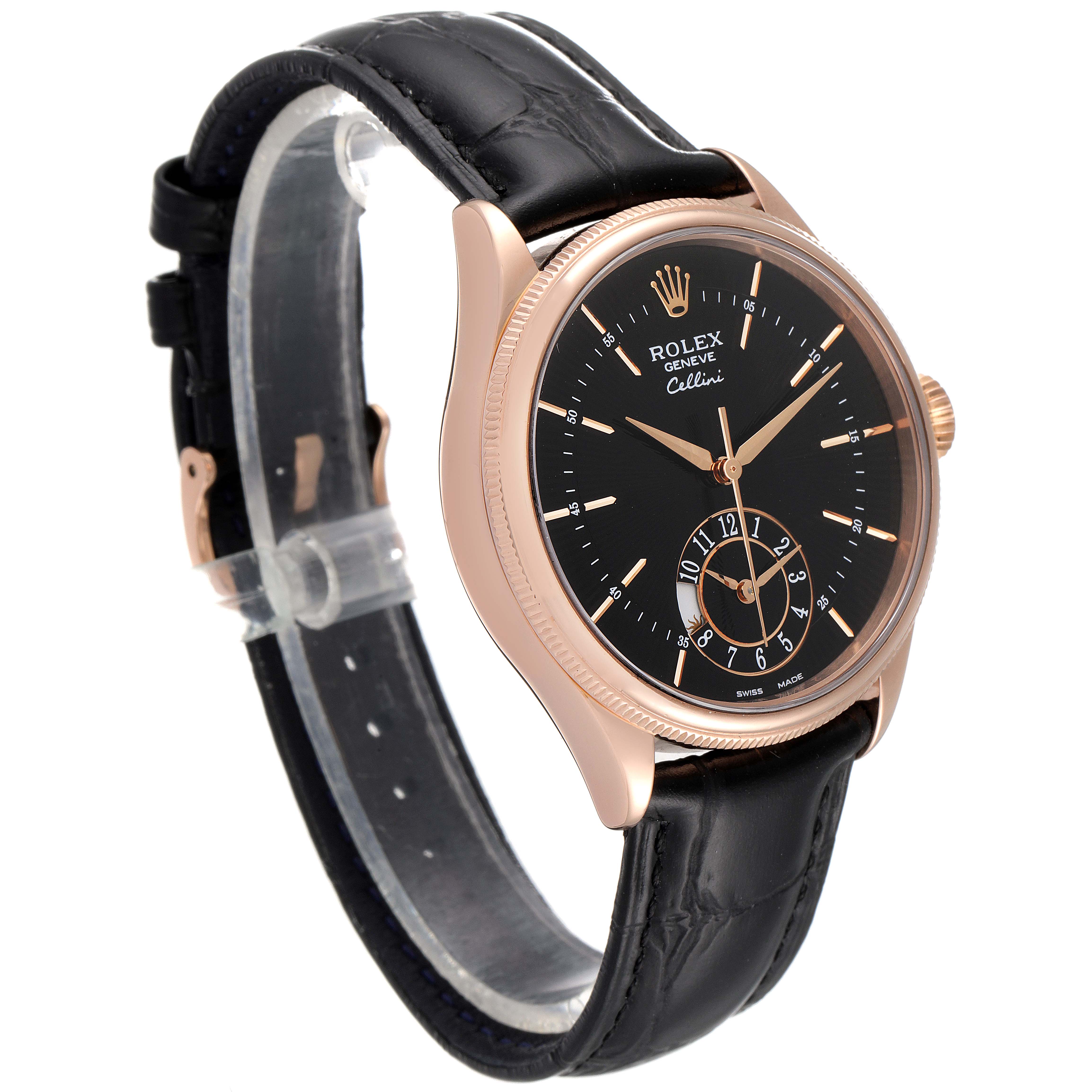 This image shows a side view of a Rolex Cellini 50525 Men's Rose Gold Black Dial 50525 Men's Rose Gold Black Dial watch, focusing on the face, strap, and crown.