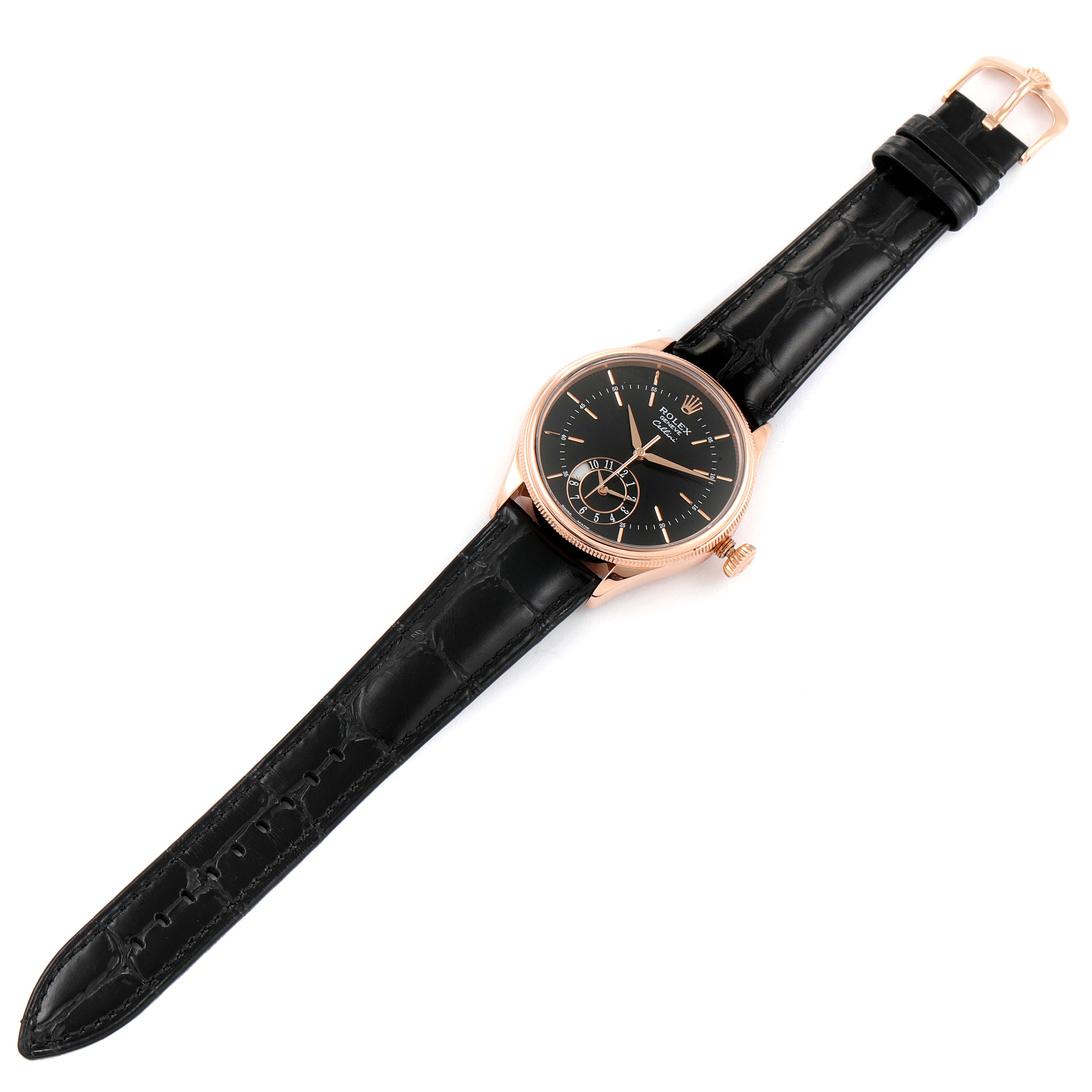 The Rolex Cellini 50525 Men's Rose Gold Black Dial 50525 Men's Rose Gold Black Dial watch is shown from a top-down angle, featuring its full face, strap, and clasp.