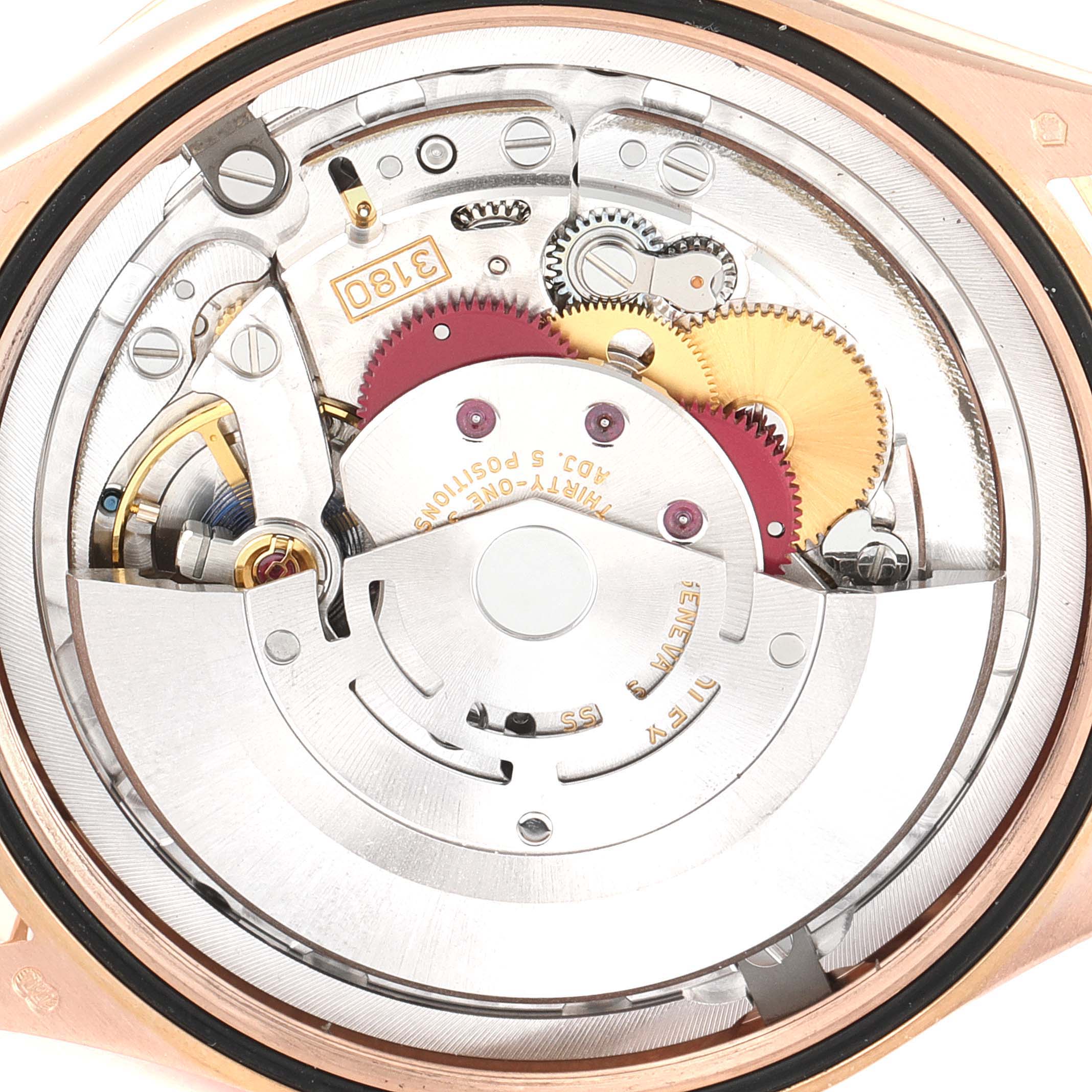 This image shows the detailed inner mechanism of a Rolex Cellini 50525 Men's Rose Gold Black Dial 50525 Men's Rose Gold Black Dial watch from a back angle.