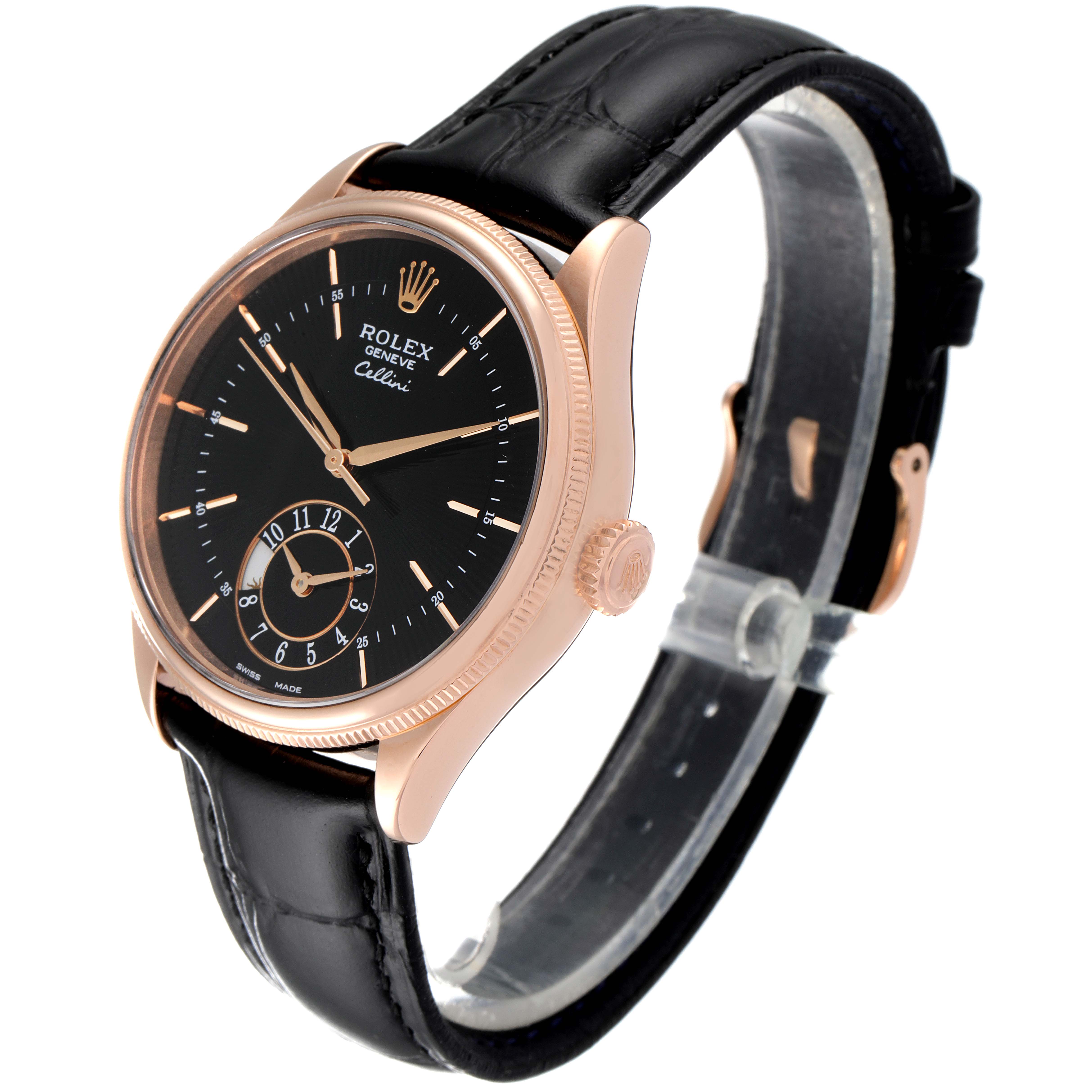 The Rolex Cellini 50525 Men's Rose Gold Black Dial 50525 Men's Rose Gold Black Dial watch is shown at an angled view, highlighting its black dial, rose gold case, and black leather strap.