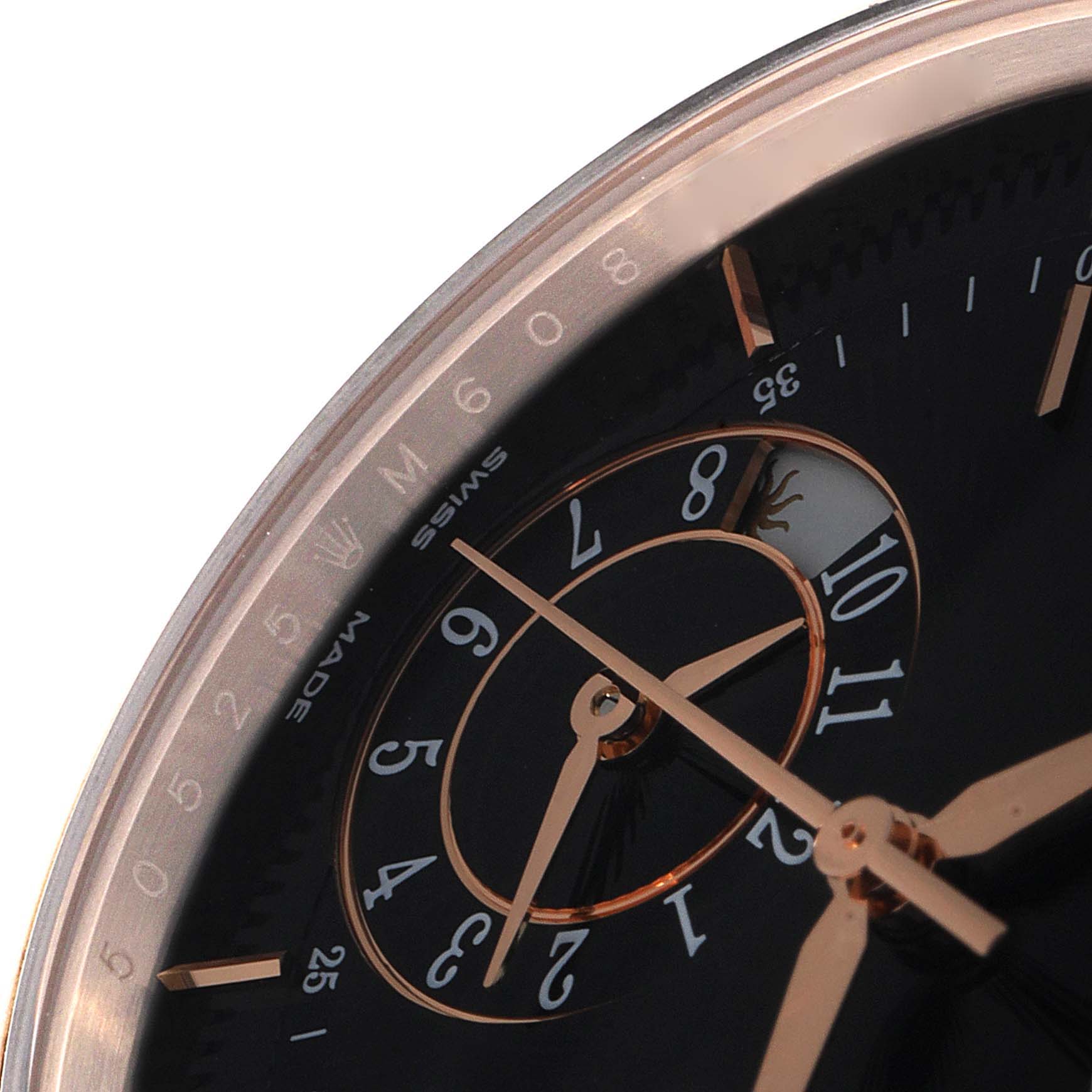 This image shows a close-up of the face of the Rolex Cellini 50525 Men's Rose Gold Black Dial 50525 Men's Rose Gold Black Dial watch, highlighting its hands and partial dial.