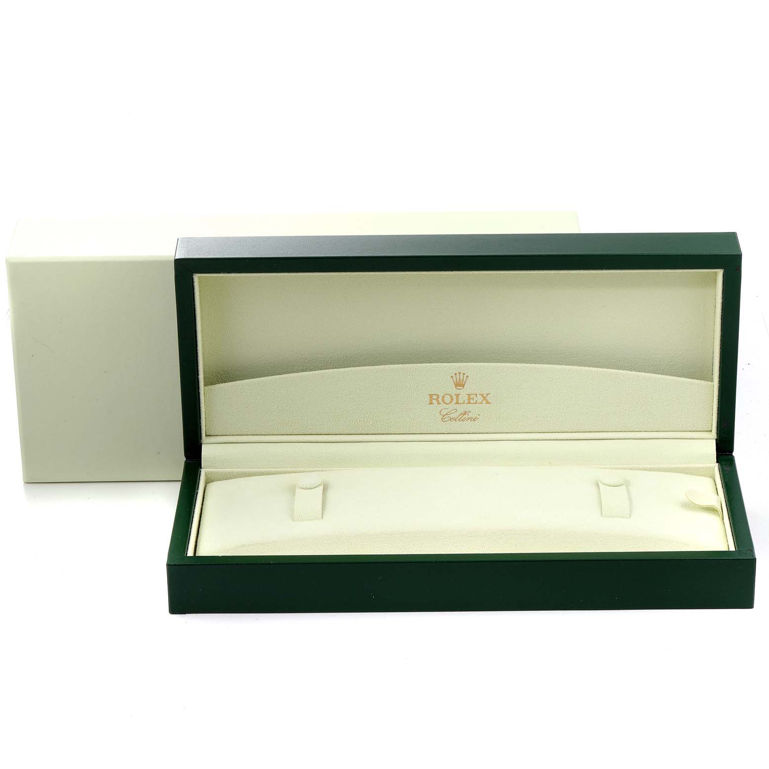 The image shows an empty Rolex Cellini 50525 Men's Rose Gold Black Dial 50525 Men's Rose Gold Black Dial watch box with an open lid, revealing the interior designed for holding the watch.