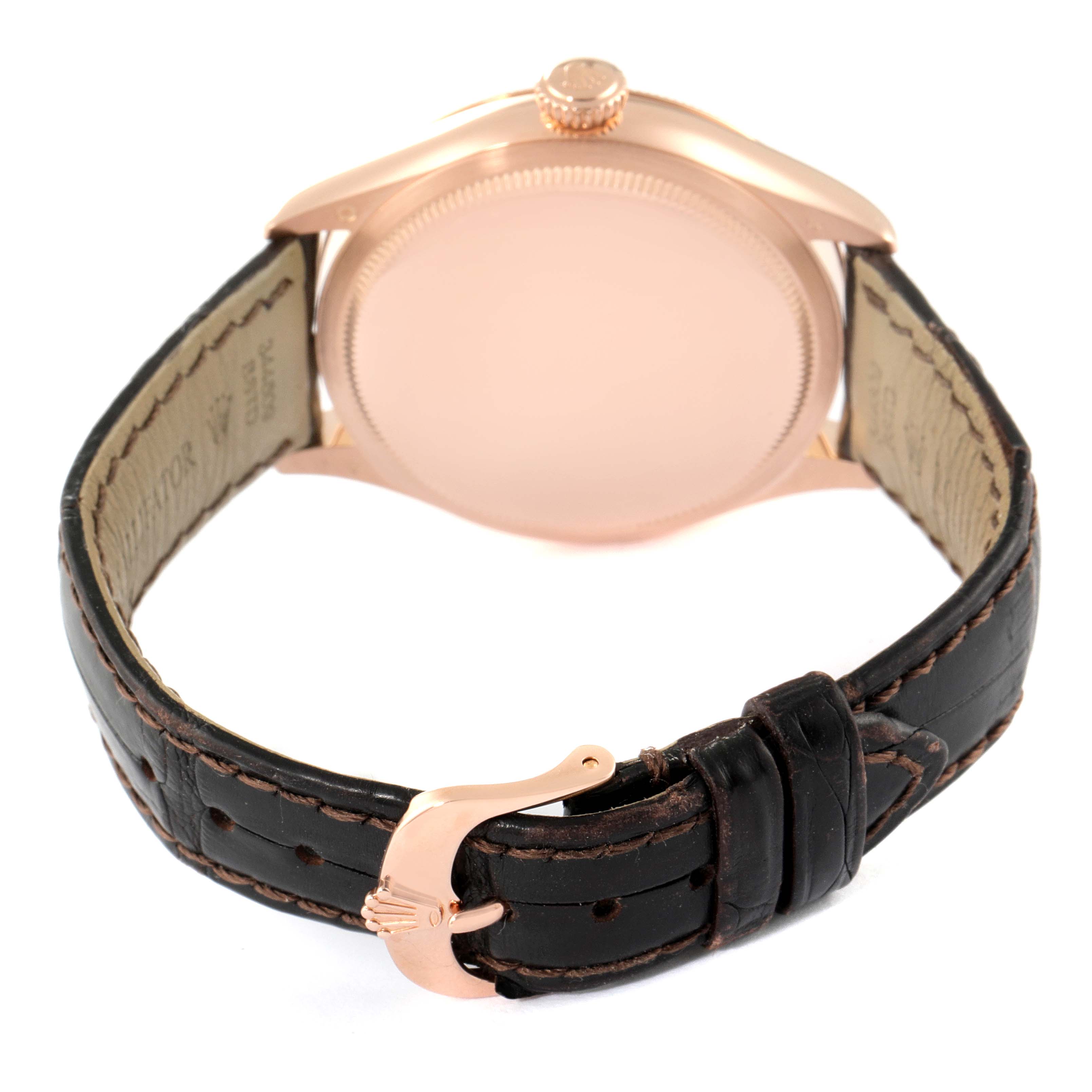 The image shows the back of a Rolex Cellini 50505 Men's Rose Gold White Dial 50505 Men's Rose Gold White Dial watch with a leather strap and buckle.